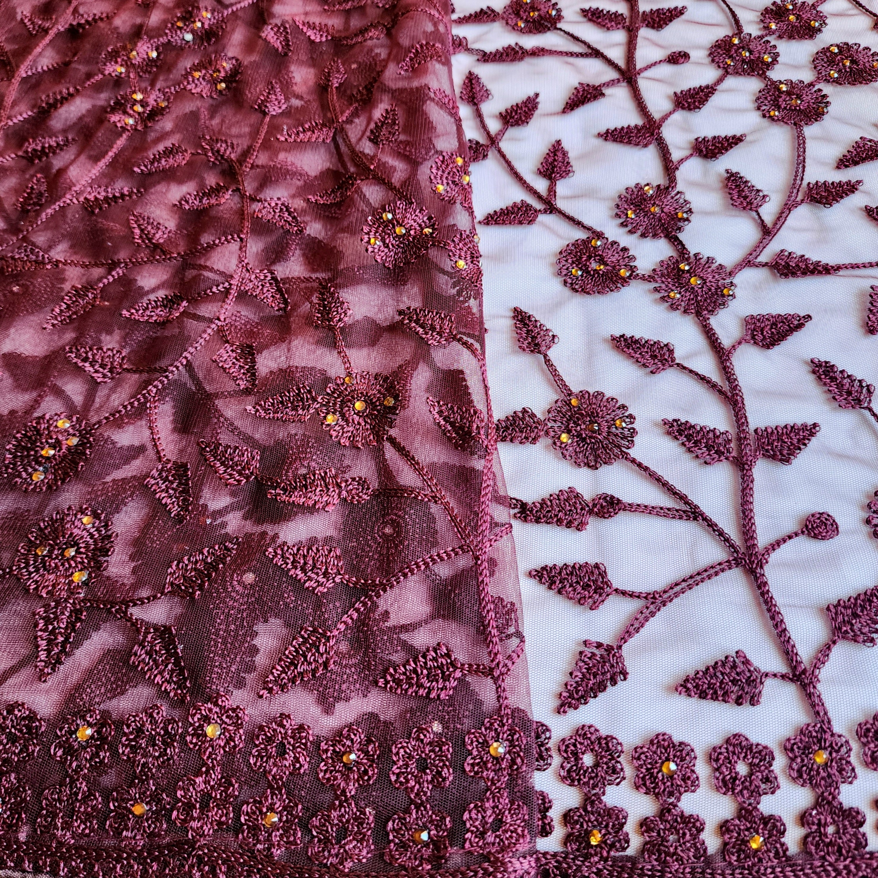 Embroidered Net Designer Saree in Wine