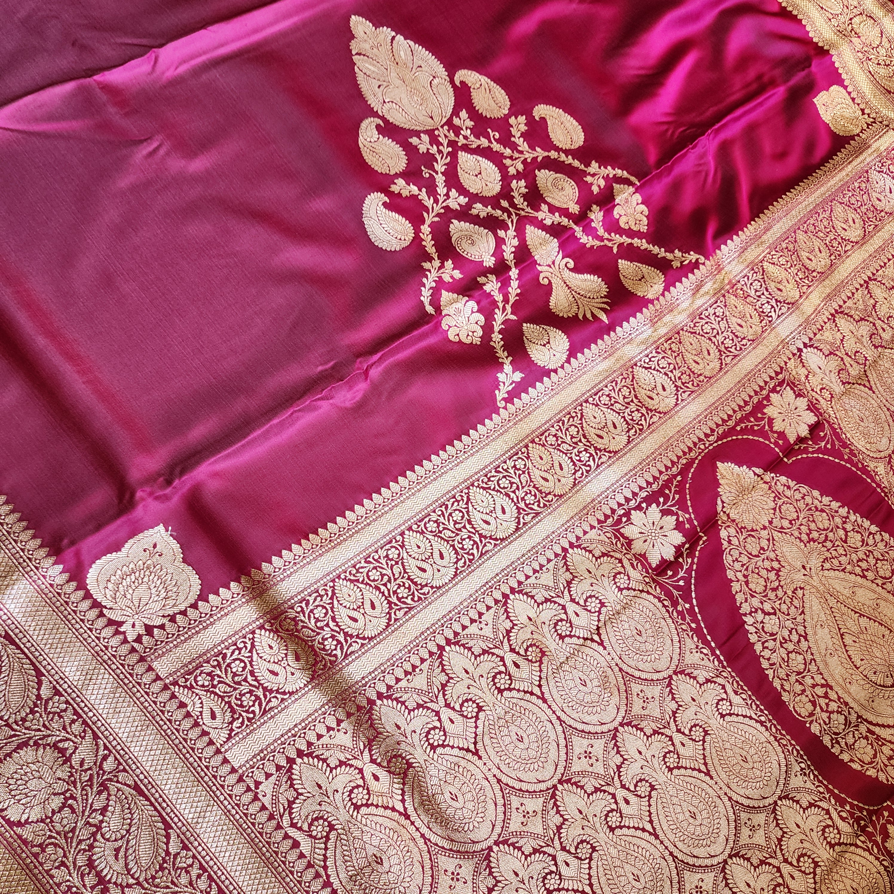 Hot Pink Pure Banarasi Katan Silk Saree with light Gold Zari Weaving