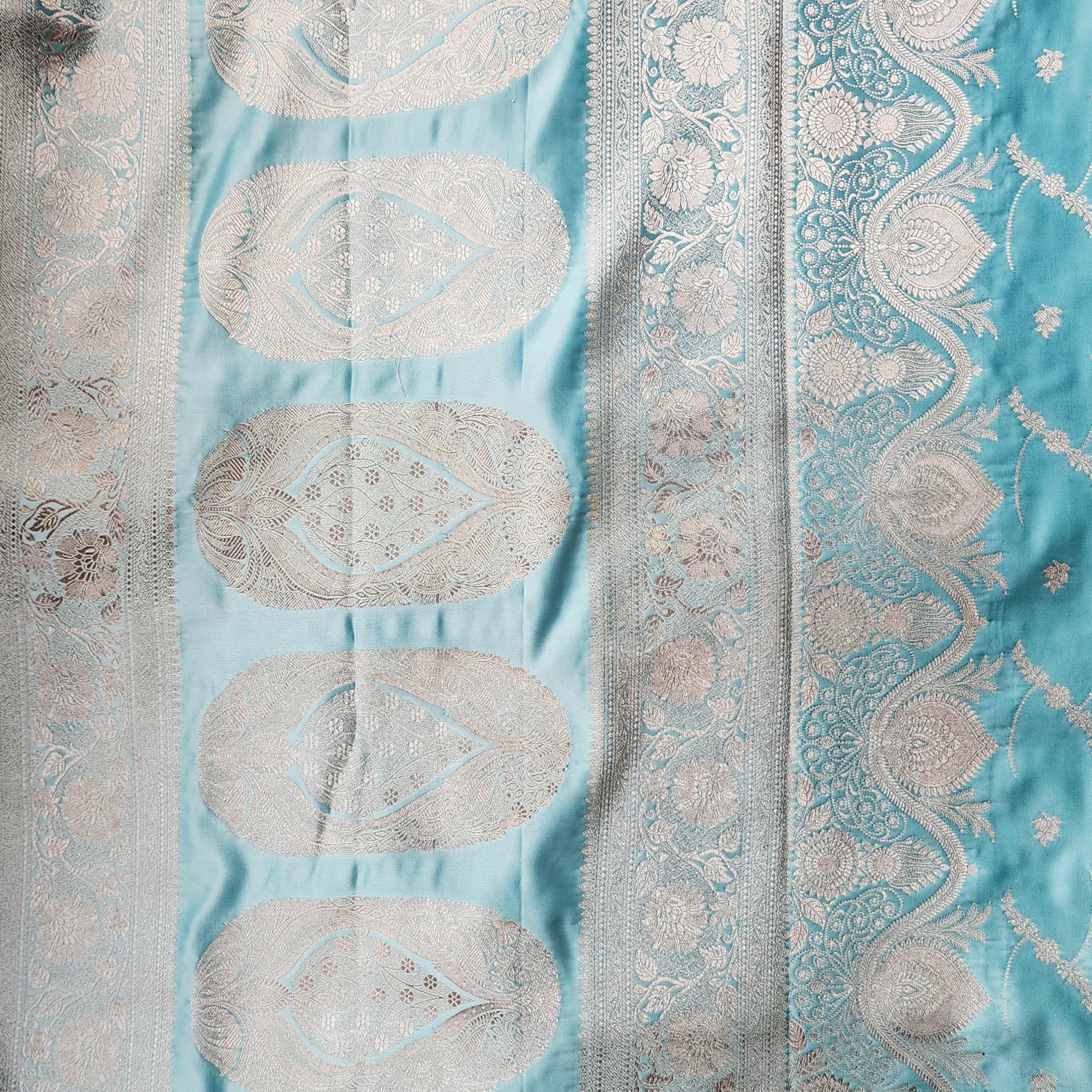 Pastel Sky Blue Banarasi Katan Silk Saree with Light Gold Zari weaving