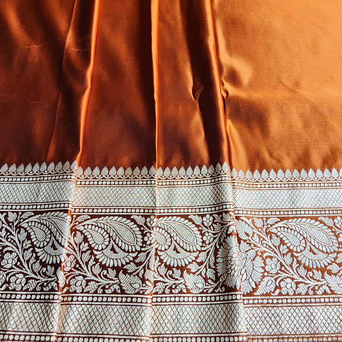 Rich Burnt Copper Pure Banarasi Katan Silk Saree with light Gold Zari Weaving