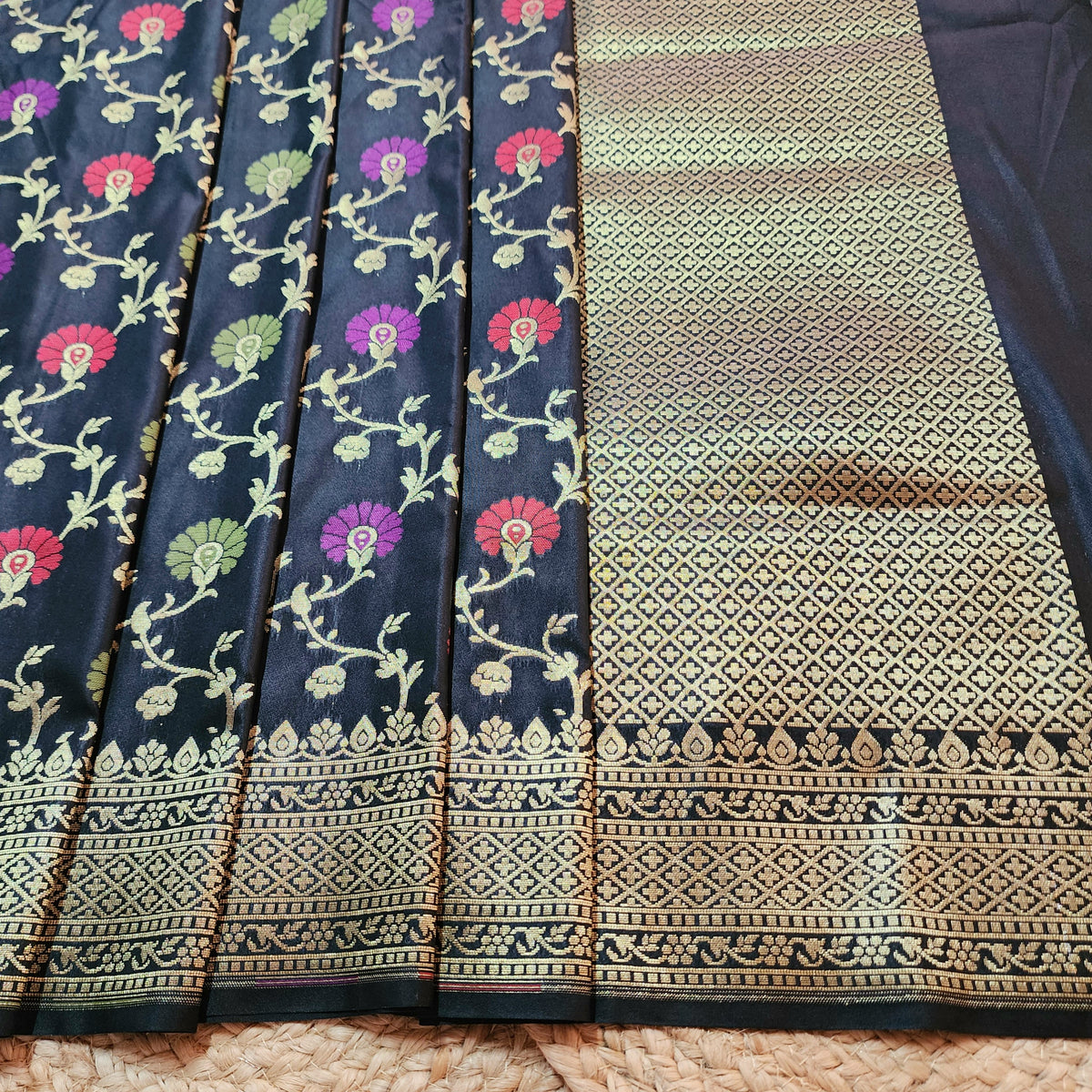 Banarasi Silk Floral Jaal Dupatta - Midnight