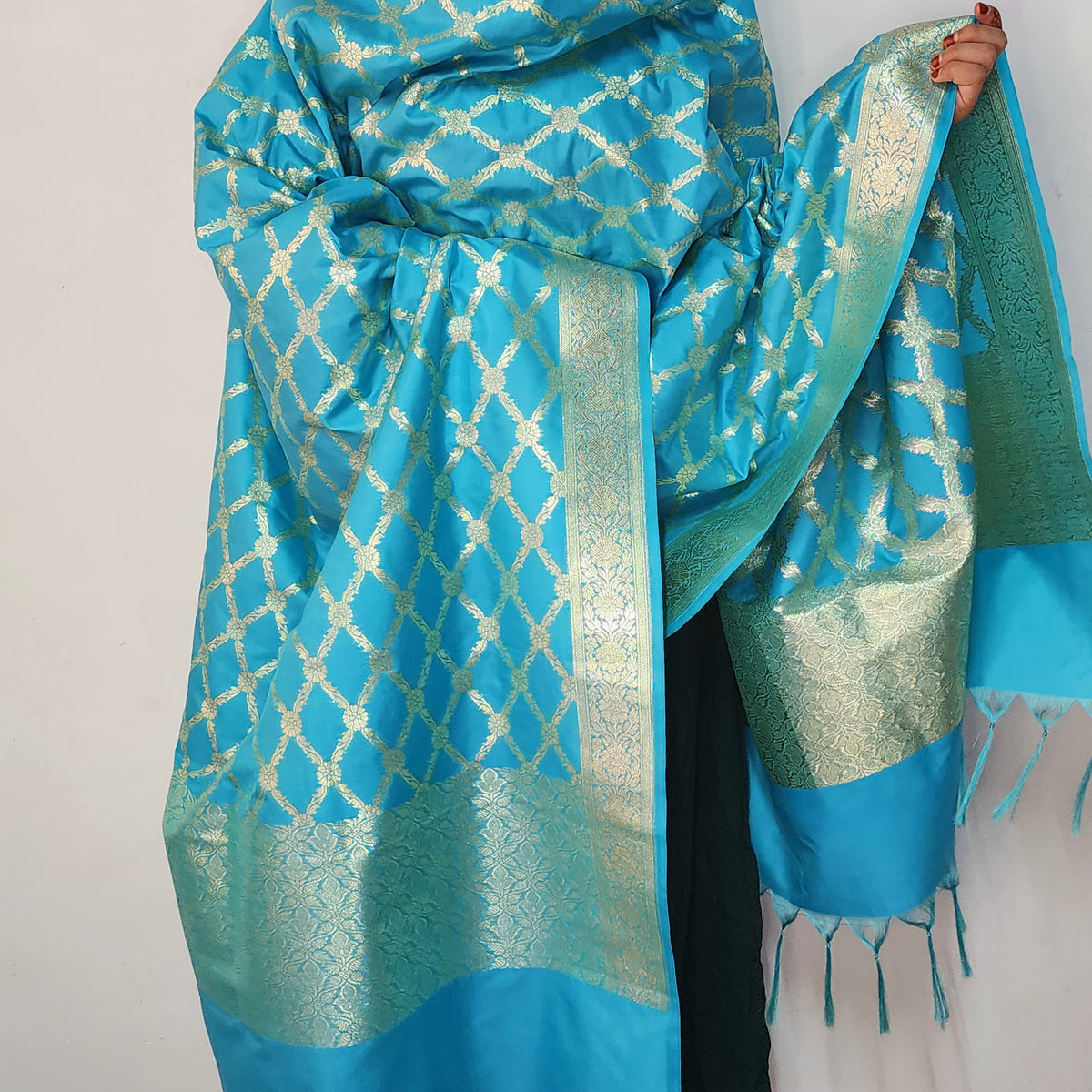 Banarasi Tapetta Silk - Turquoise Zari Jaal Dupatta