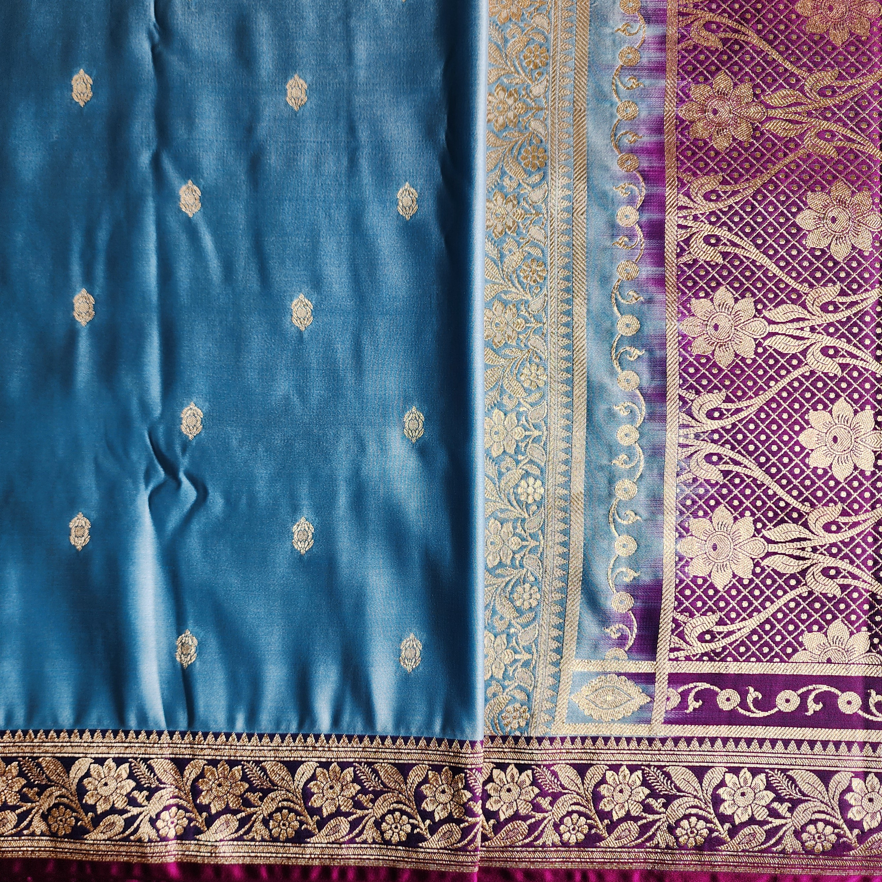 Teal Blue Katan Silk Saree with Purple and Gold Zari Border