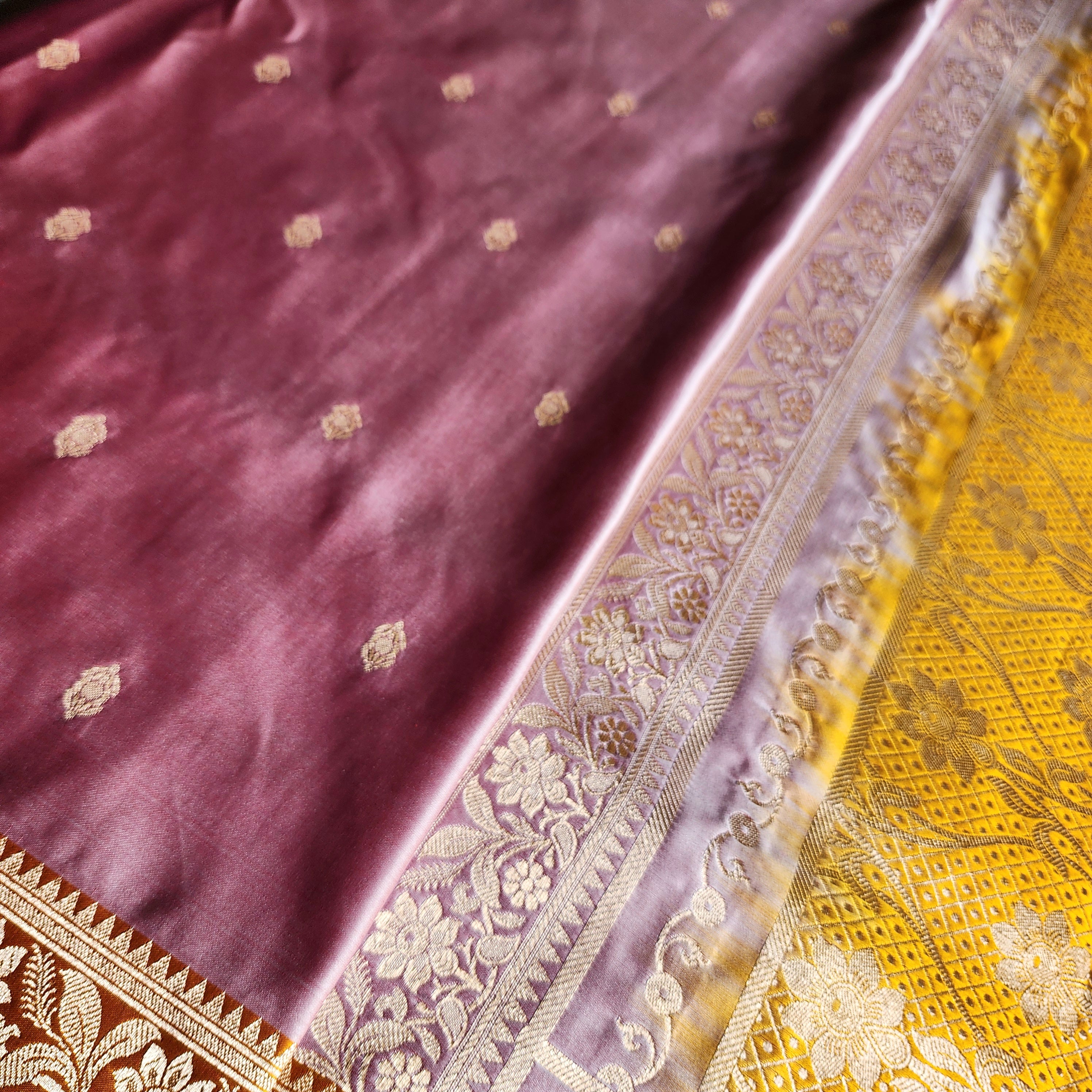 Dusty Rose Pink Katan Silk Saree with Mustard and Gold Zari Border