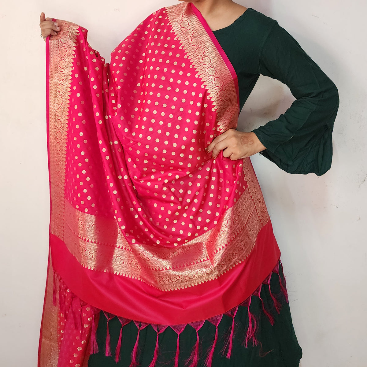 Fuchsia Banarasi Silk Dupatta with Gold Polka Dot