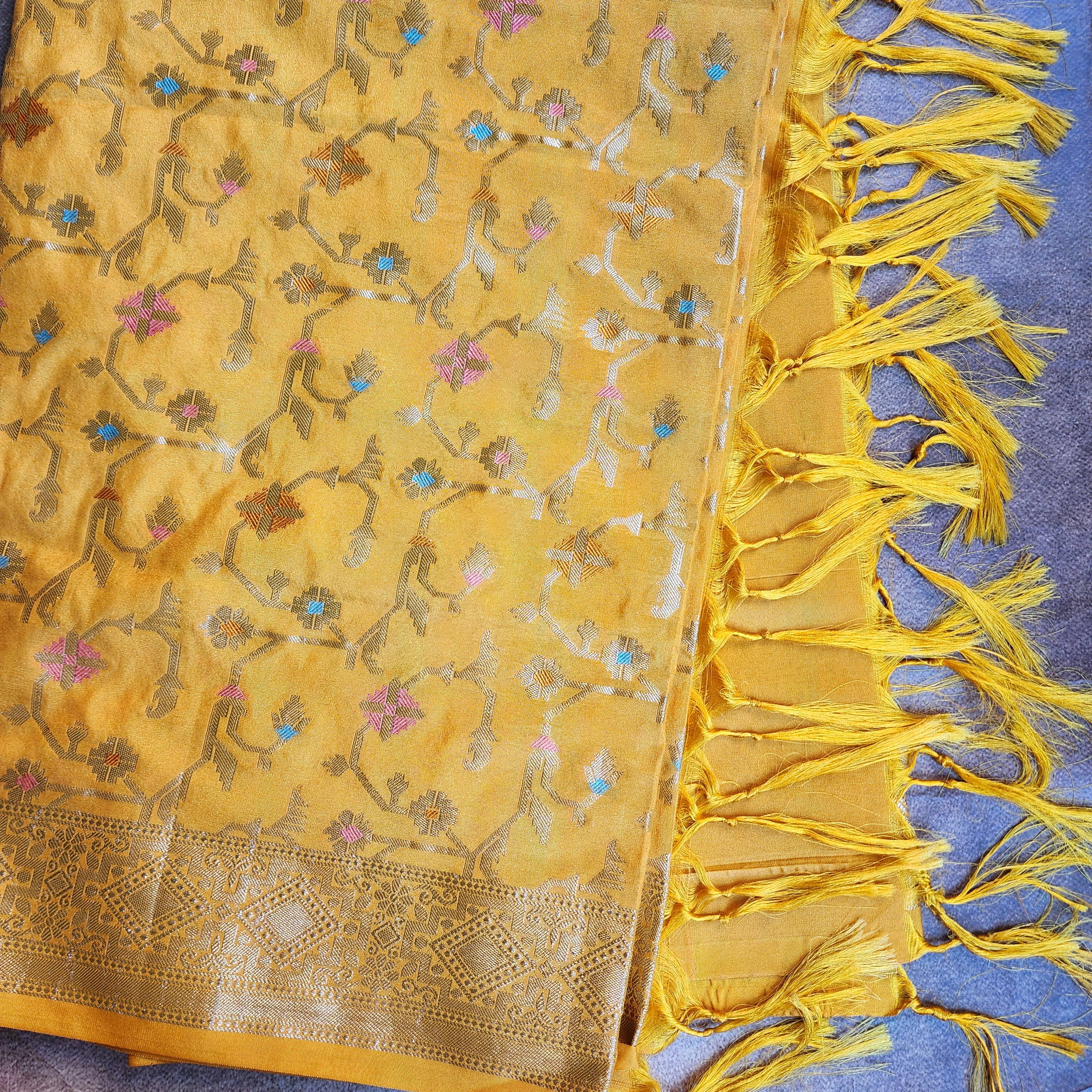 Golden Grid Banarasi Silk Dupatta with Meenakari Work in Mustard Yellow