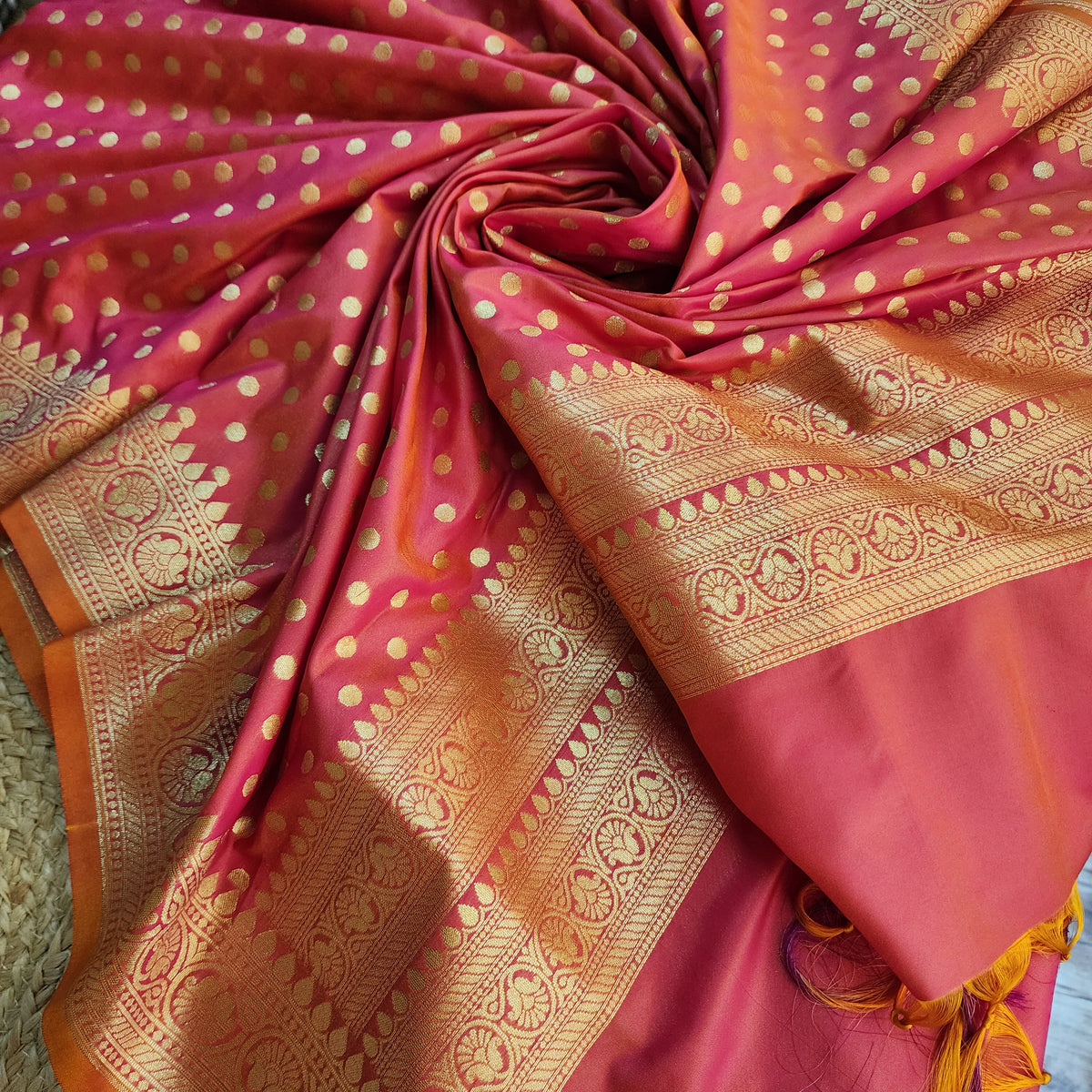 Coral Red Banarasi Silk Dupatta with Gold Polka Dot
