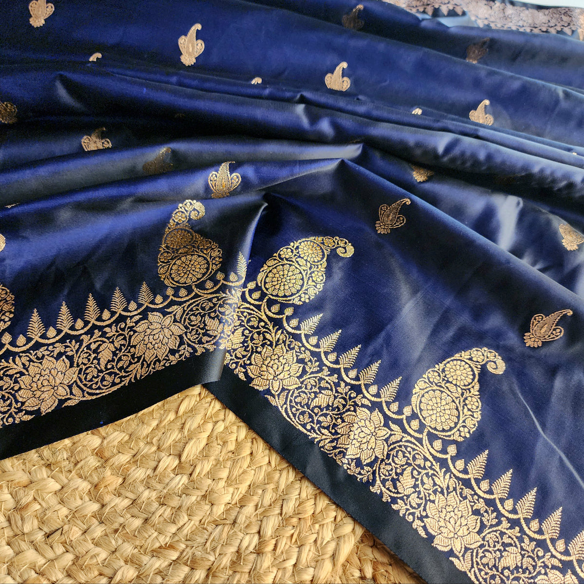 Navy Blue Paisley Katan Silk Saree with Gold Zari