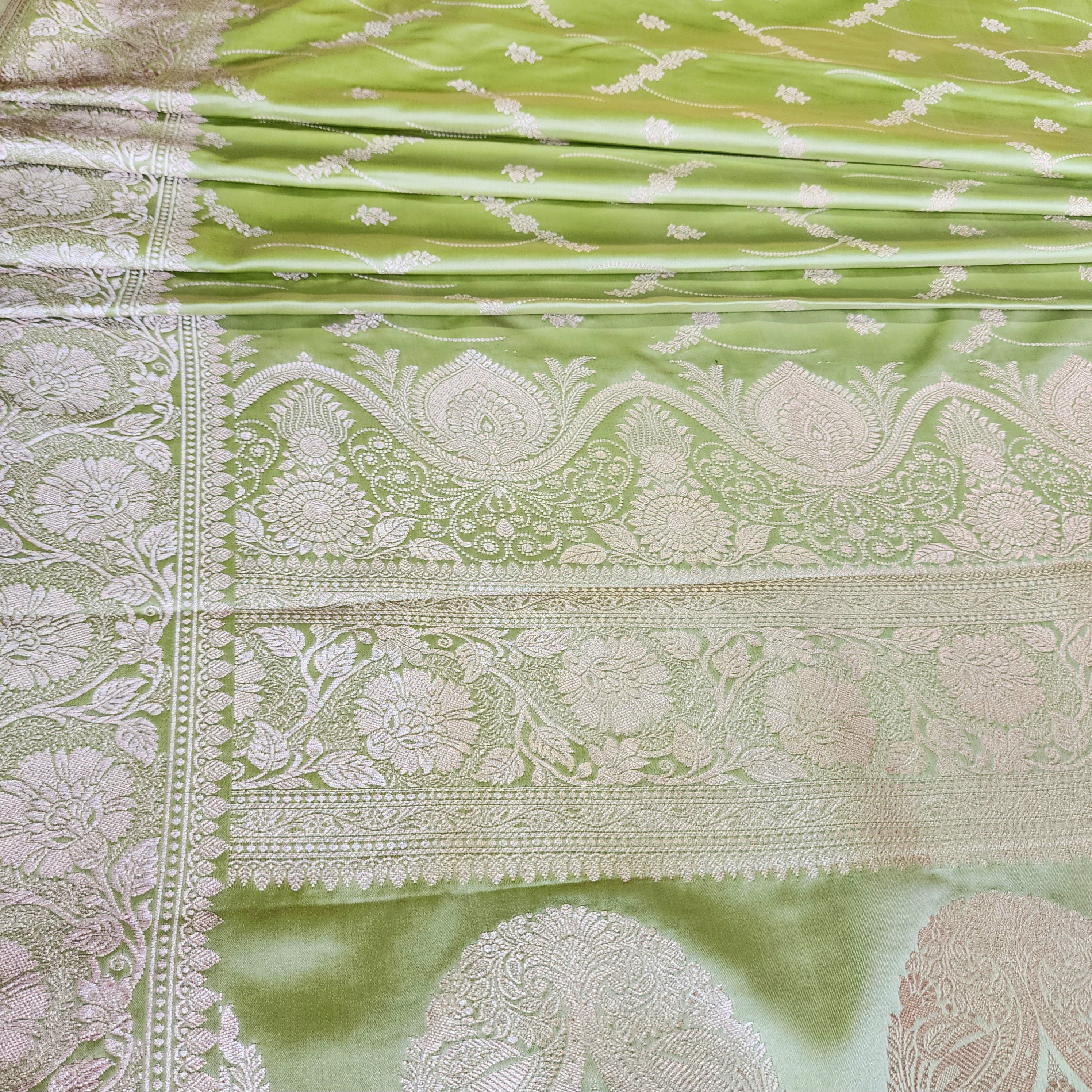 Pastel Sage Green Banarasi Katan Silk Saree with Light Gold Zari weaving