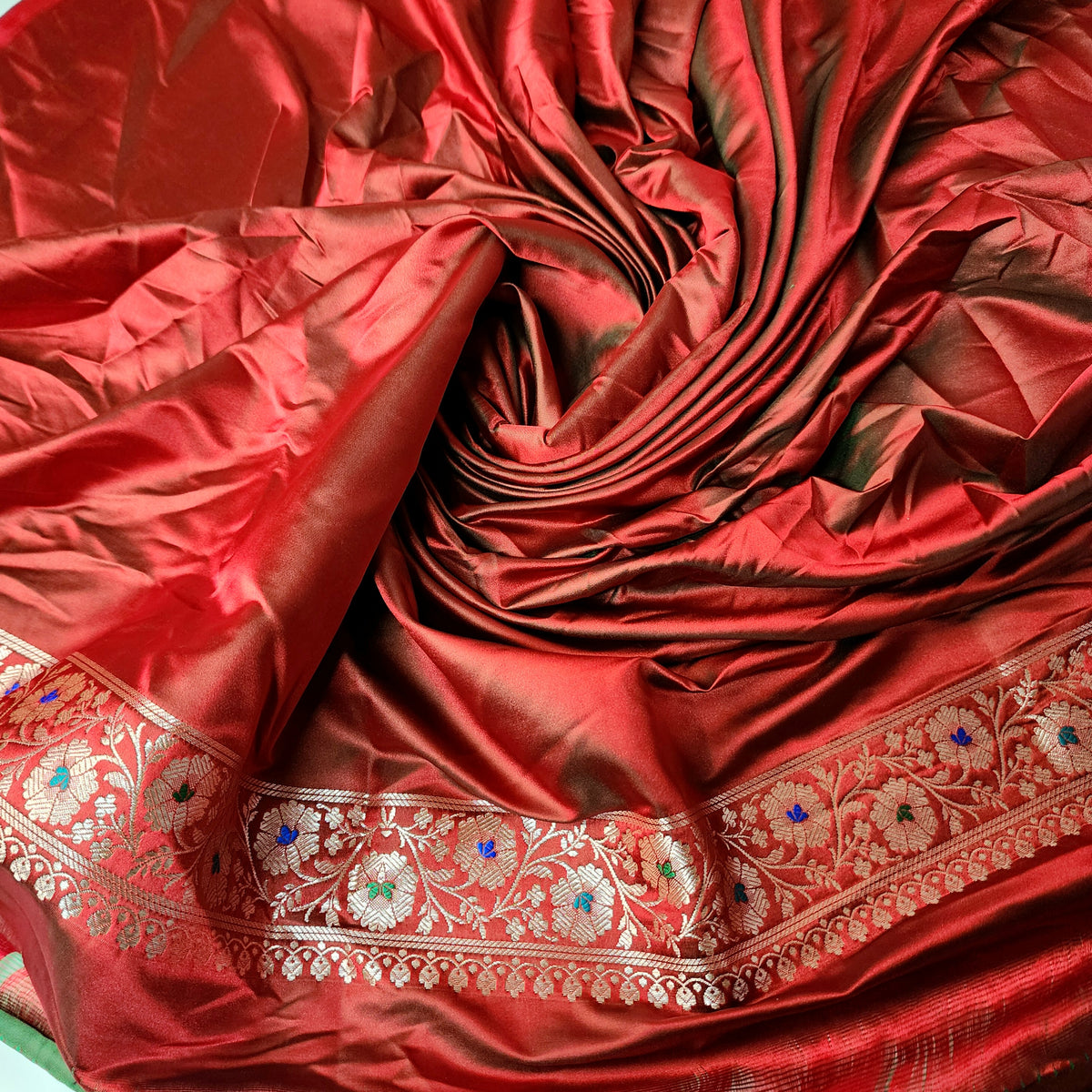 Red Banarasi Katan Silk Saree with Multicolor Meenakari Floral Jaal