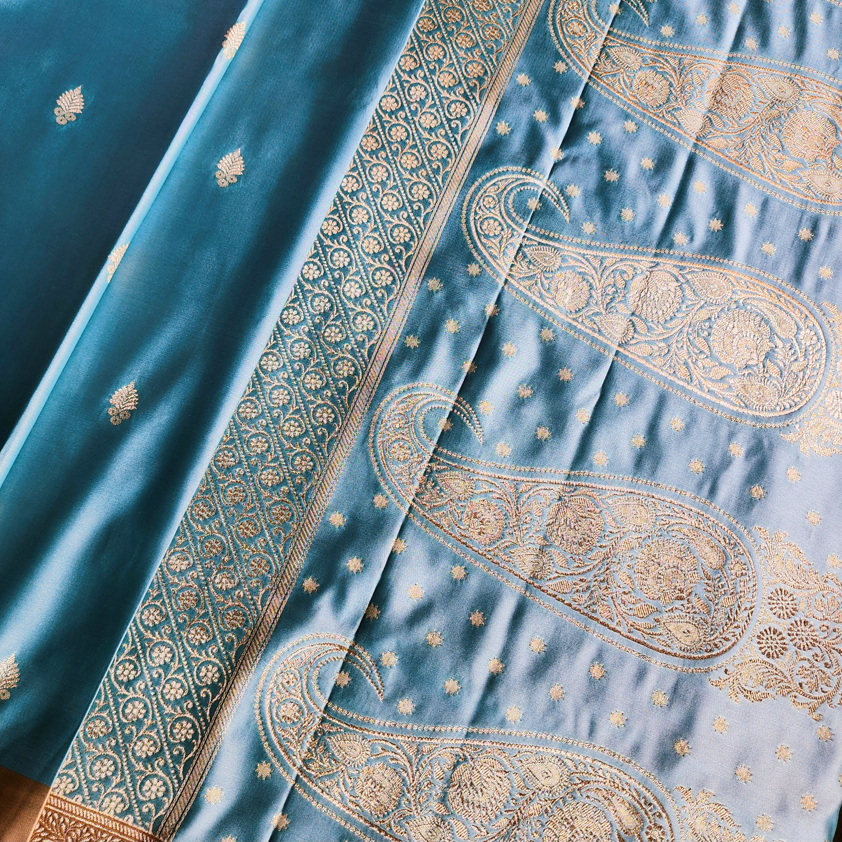 Blue Katan Silk Saree with Beige Gold Zari Border