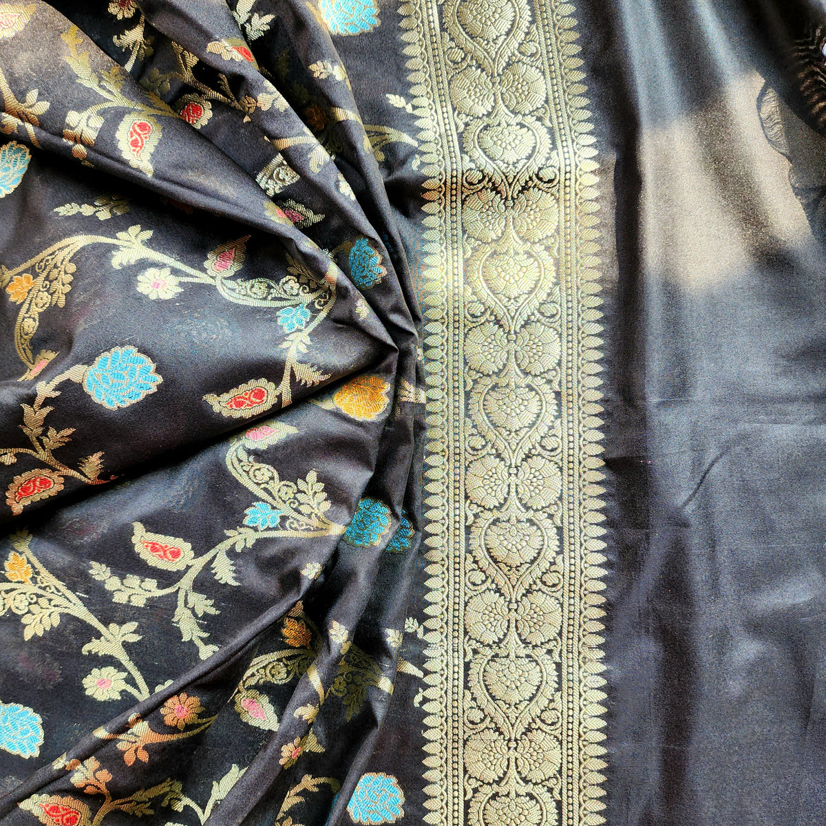 Black Banarasi Silk Dupatta with Gold Zari Border & Multicolor Meenakari Work