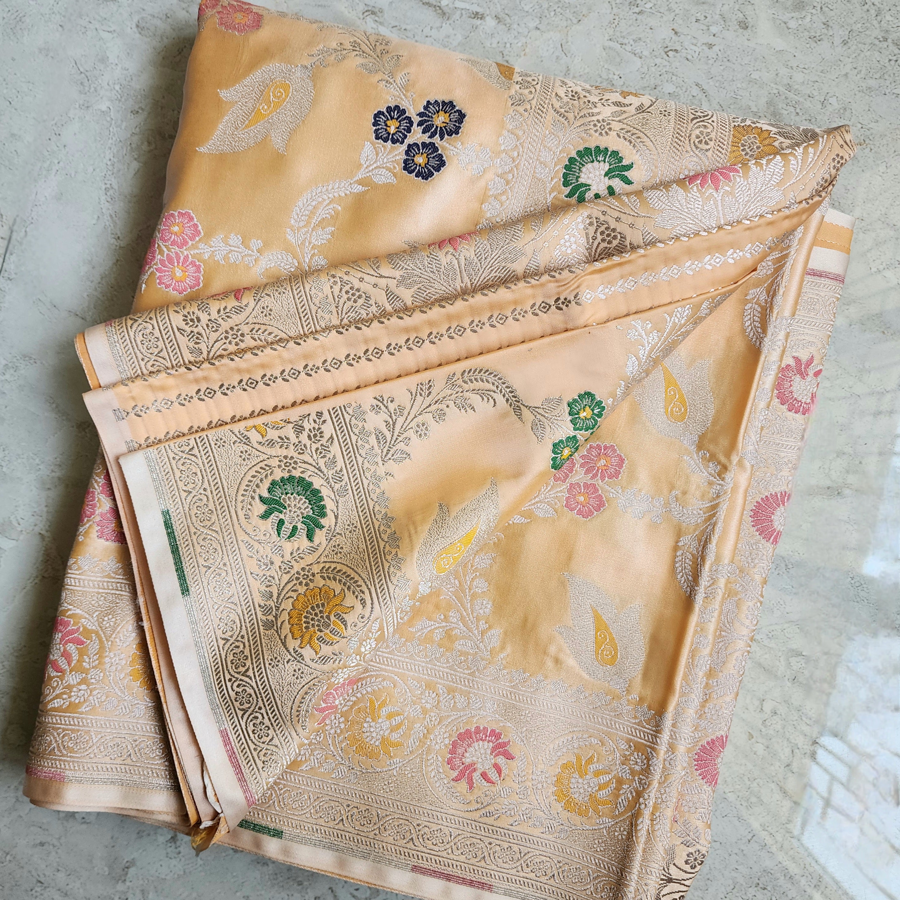 Enriched Light Orange Banarasi Katan Silk Saree with Multicolor Meenakari Floral Jaal