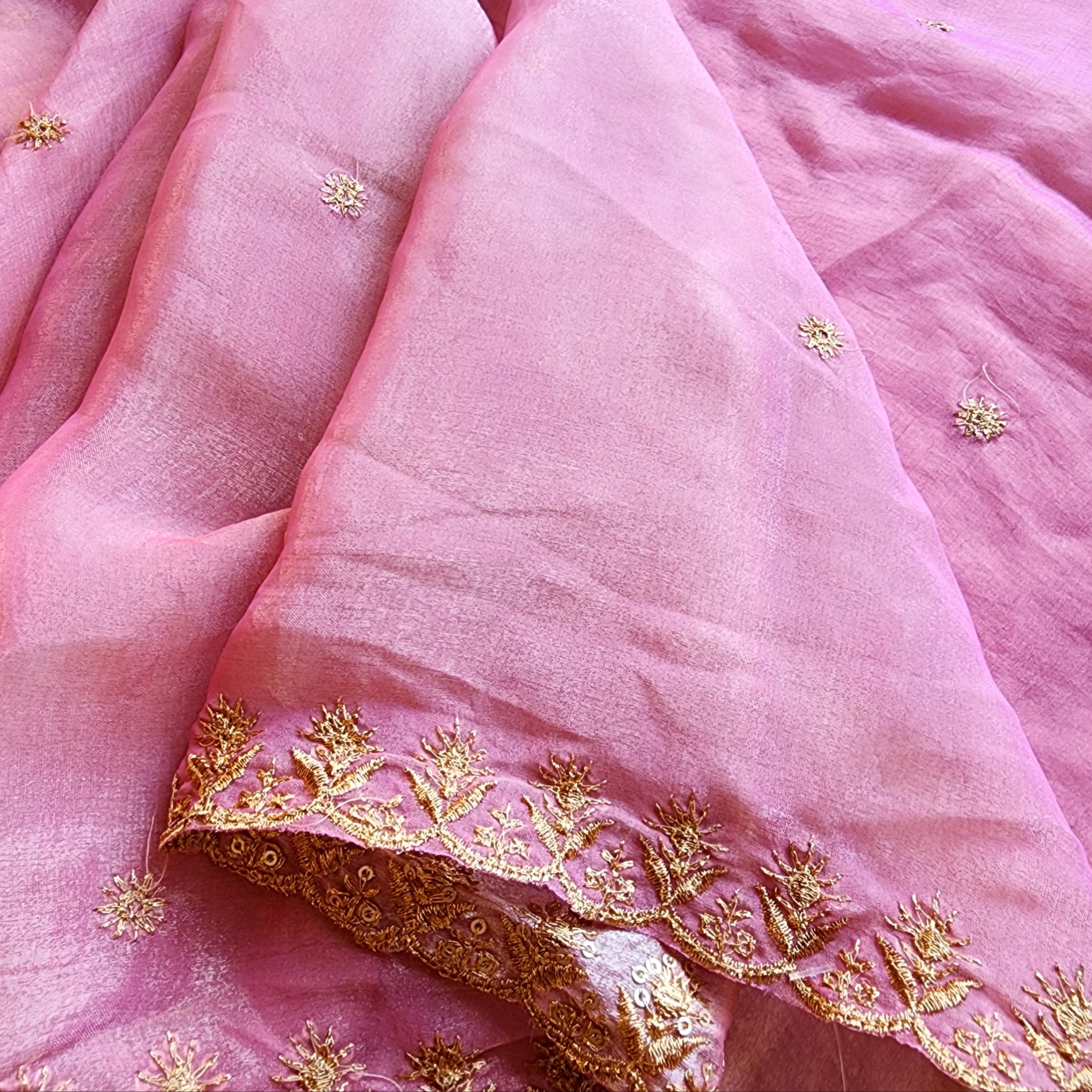 Blush Rose Gold Designer Tissue Silk Saree
