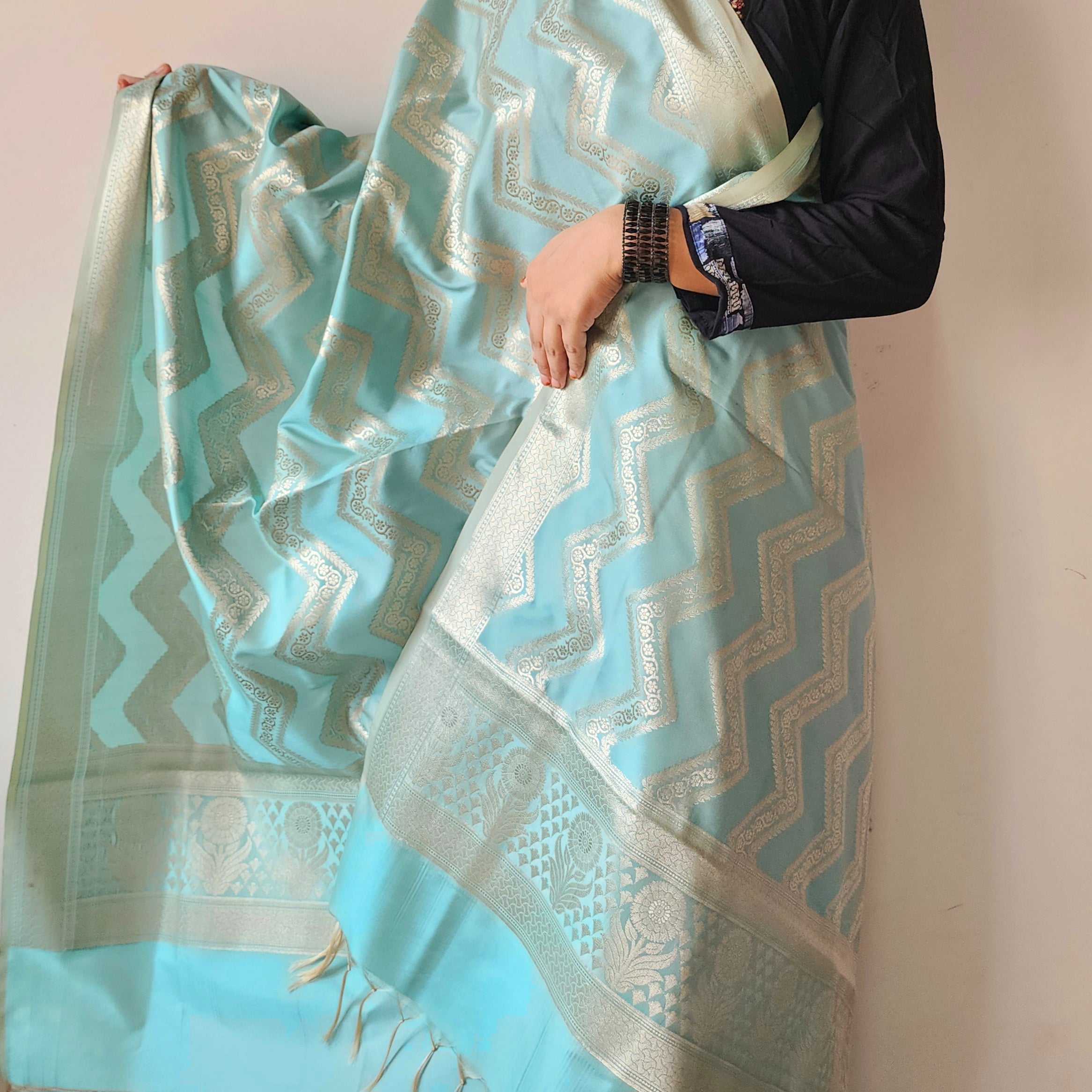 Robin Egg Blue Banarasi Dupatta with Golden Zigzag Pattern