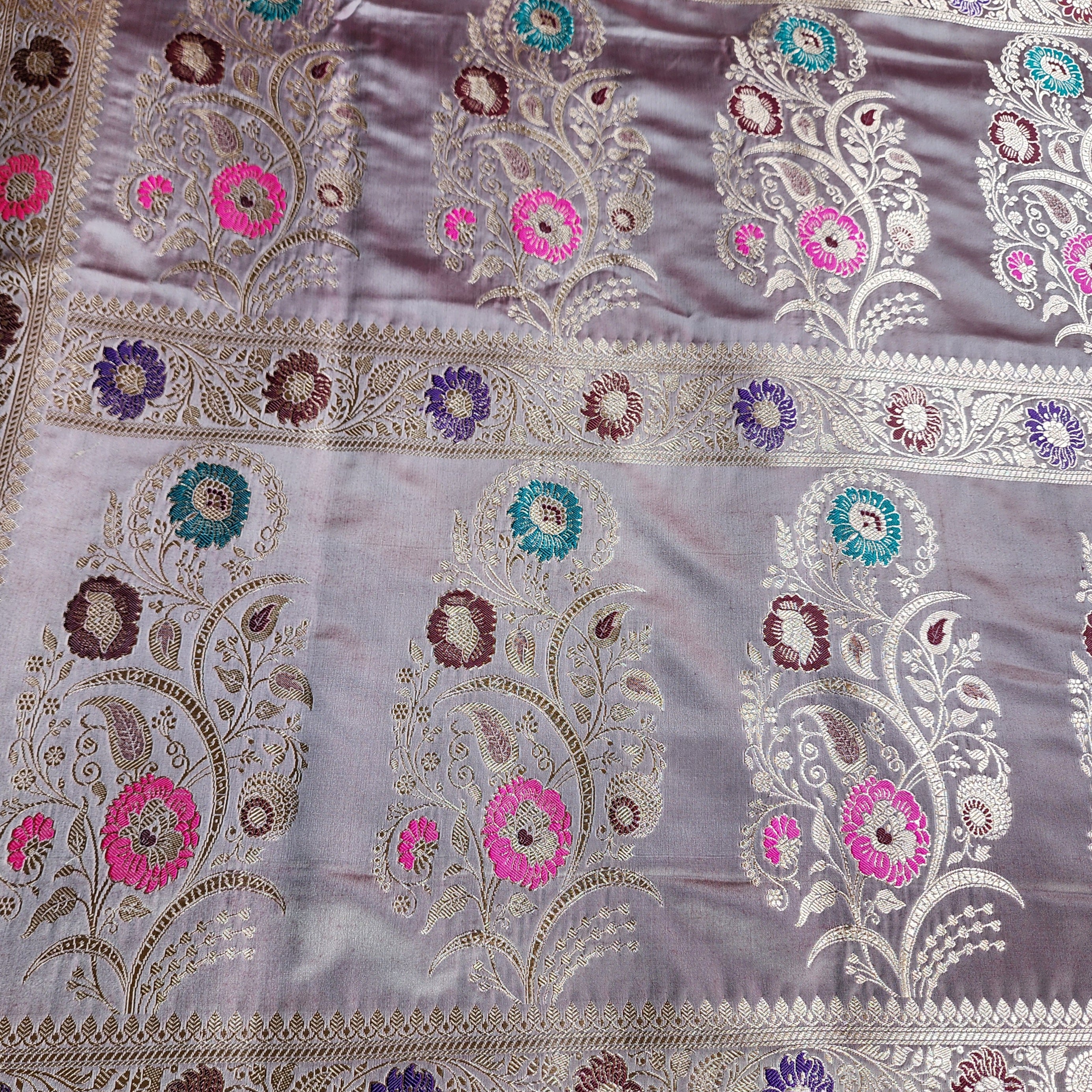 Enriched Banarasi Katan Silk Saree | Lavender Mist Multicolor Meenakari Floral Jaal