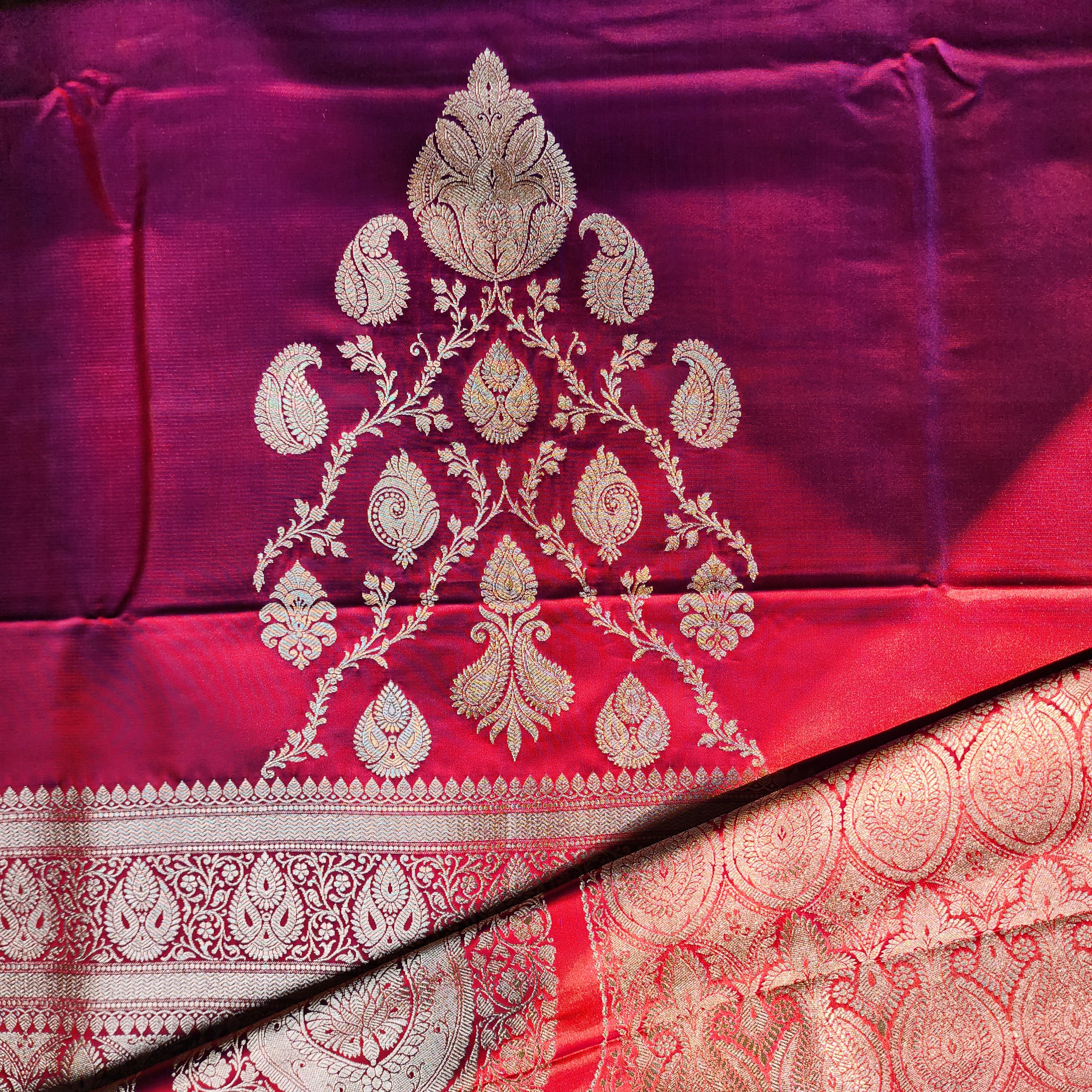 Dhoop Chhaon Raspberry Banarasi Katan Silk Saree