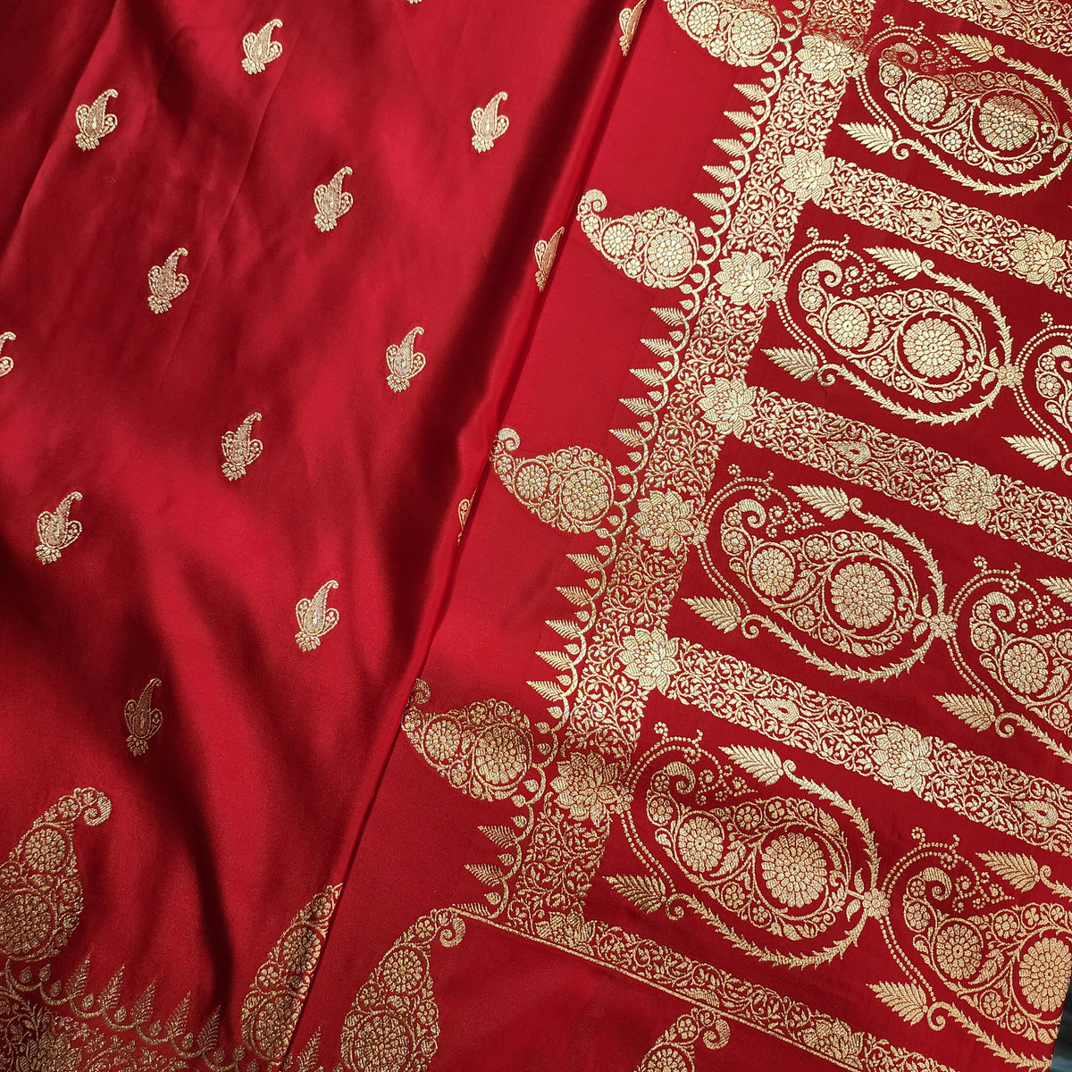 Red Paisley Katan Silk Saree with Gold Zari