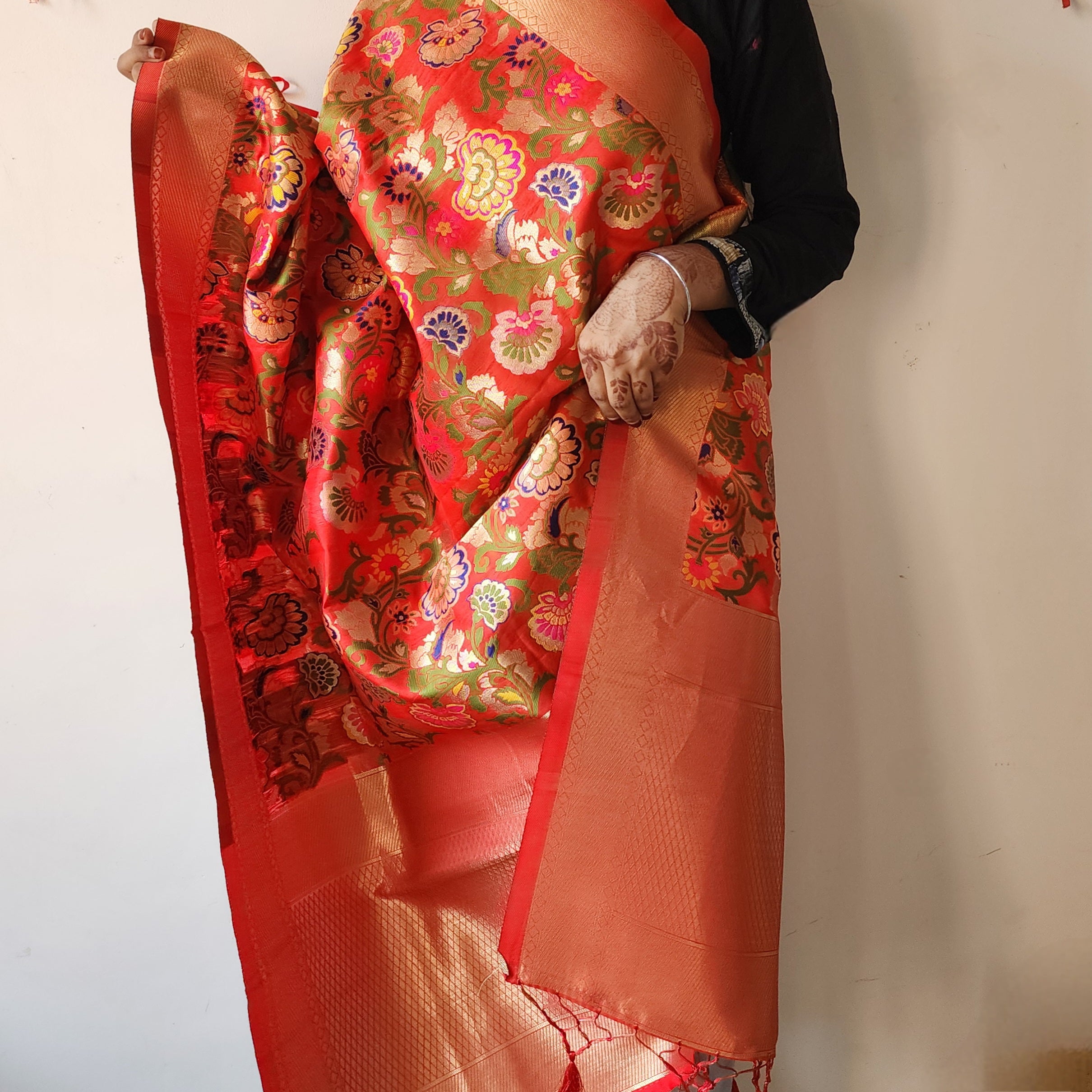 Banarasi Silk Bridal Red Dupatta with Multicolor & Gold Floral Handweaving