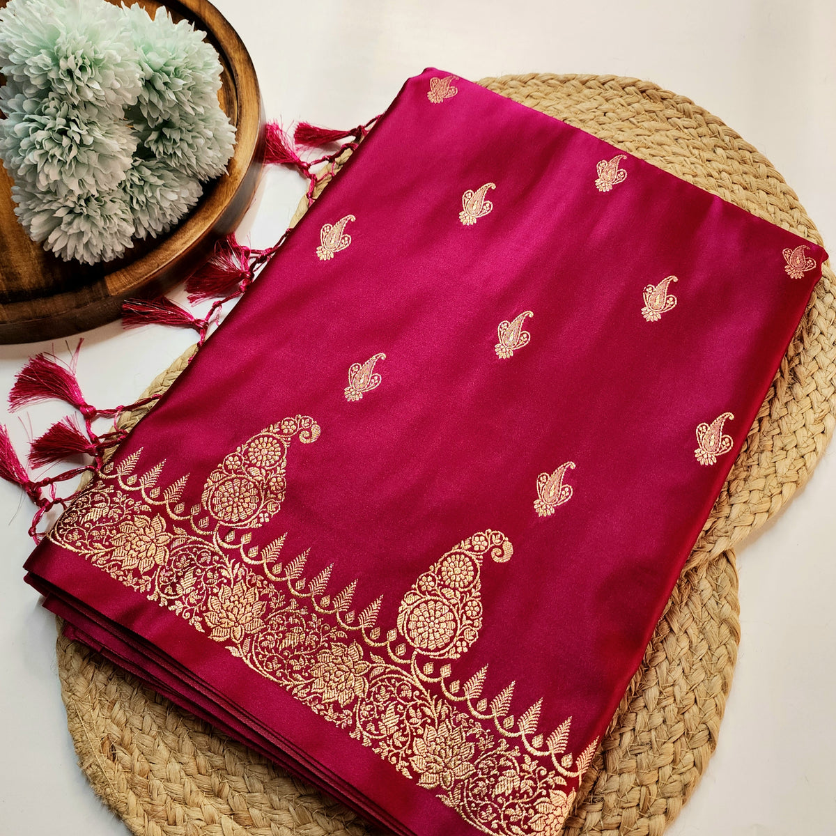 Rani Pink Paisley Katan Silk Saree with Gold Zari