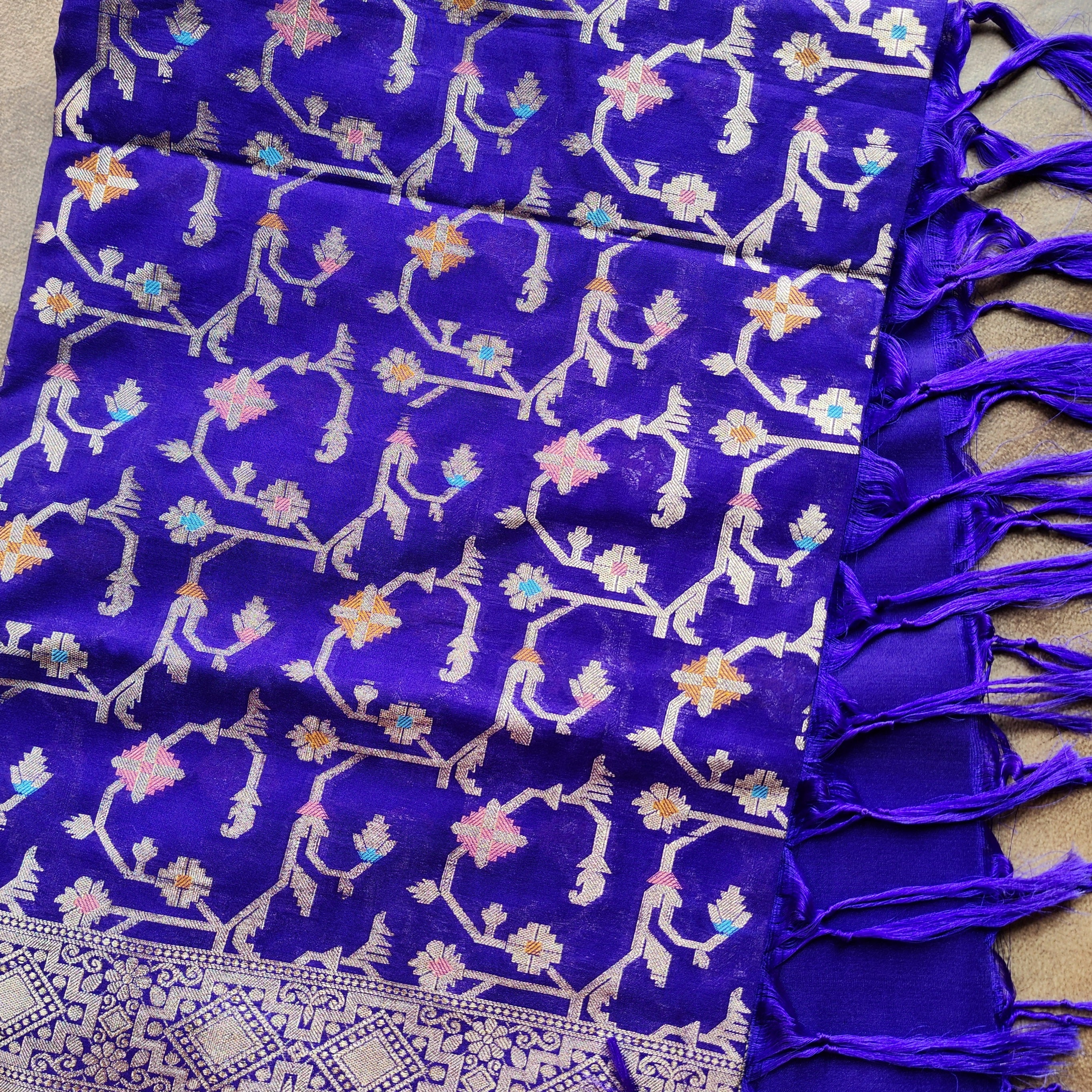 Golden Grid Banarasi Silk Dupatta with Meenakari Work in Electric Blue