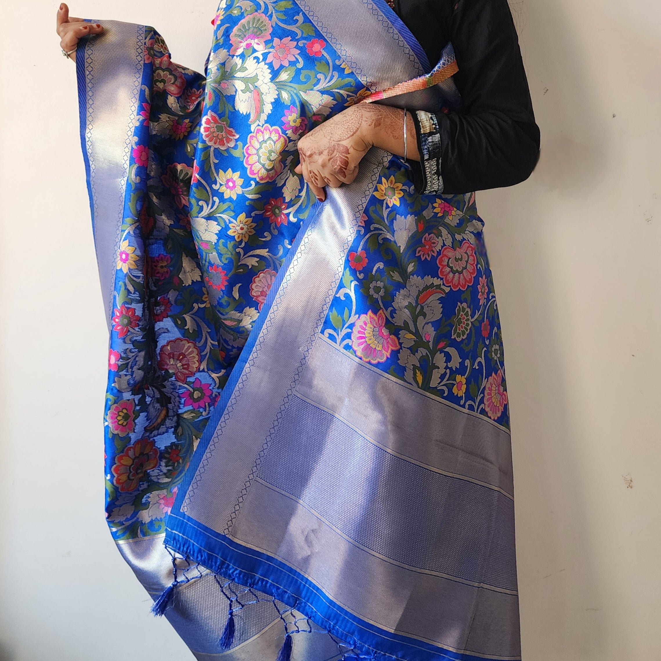 Banarasi Silk Royal Blue Dupatta with Multicolor & Gold Floral Handweaving