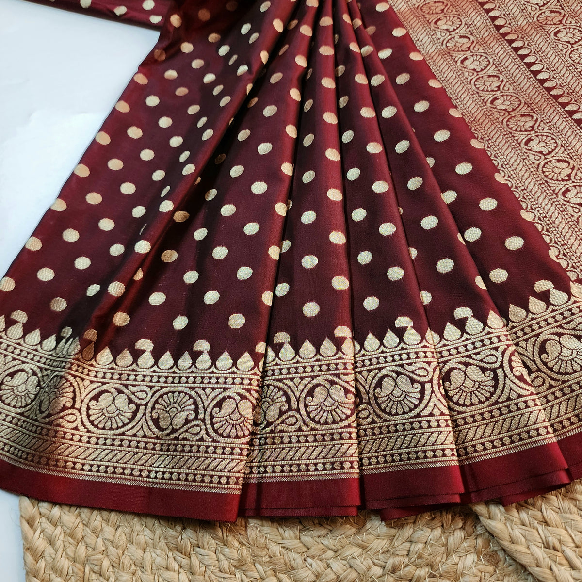 Burgundy Banarasi Silk Dupatta with Gold Polka Dot