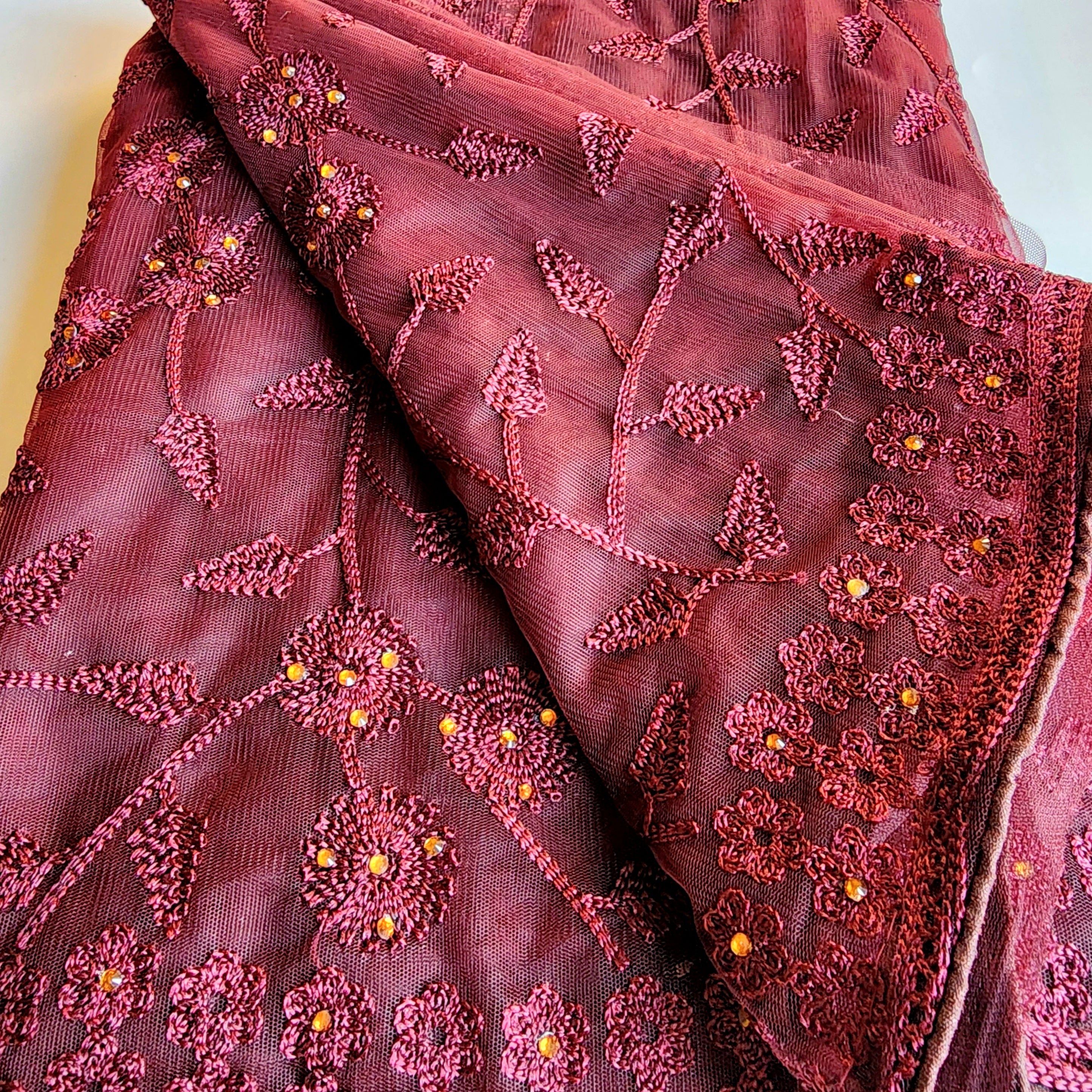 Embroidered Net Designer Saree in Wine
