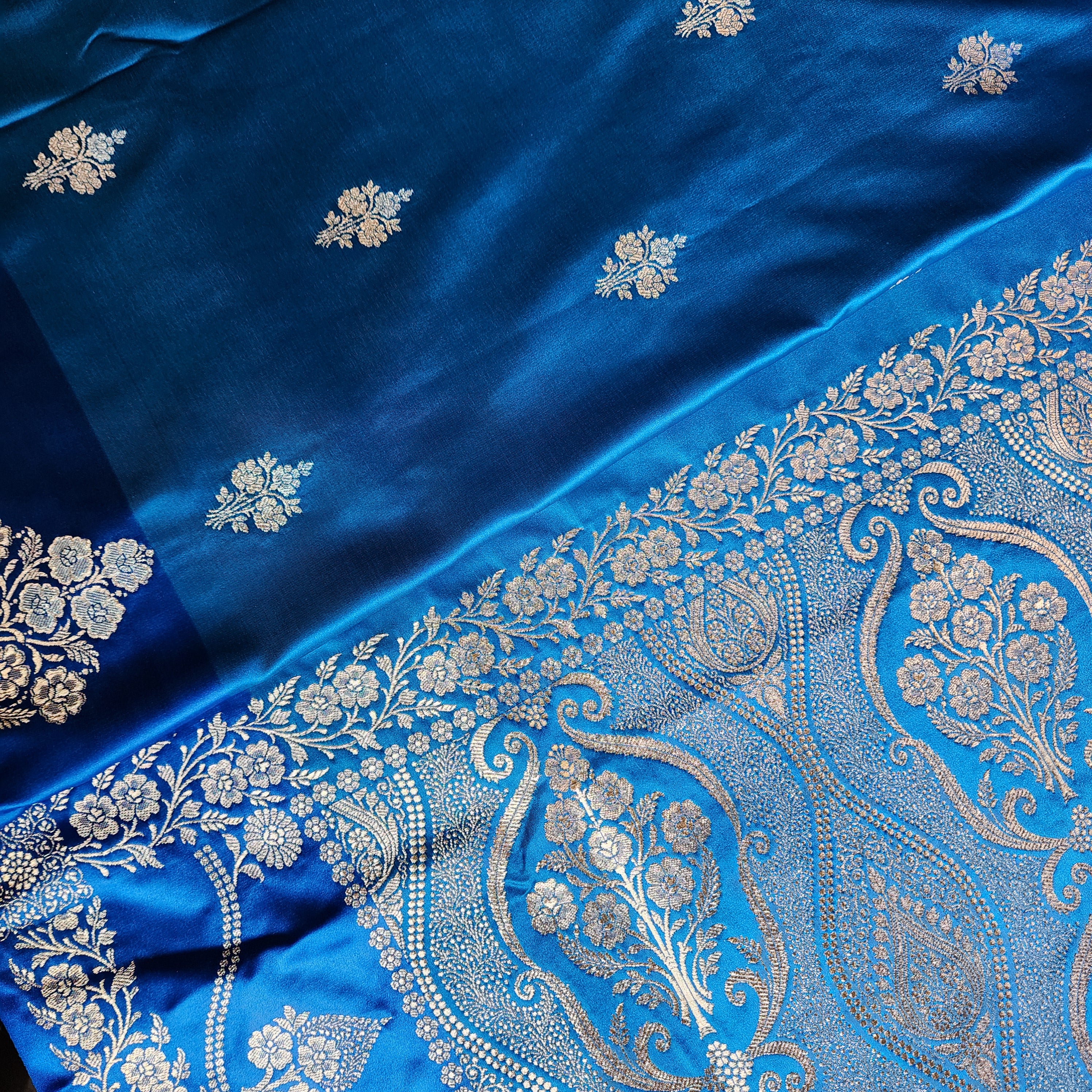 Dual-Tone Shiny Blue Pure Banarasi Katan Silk Saree