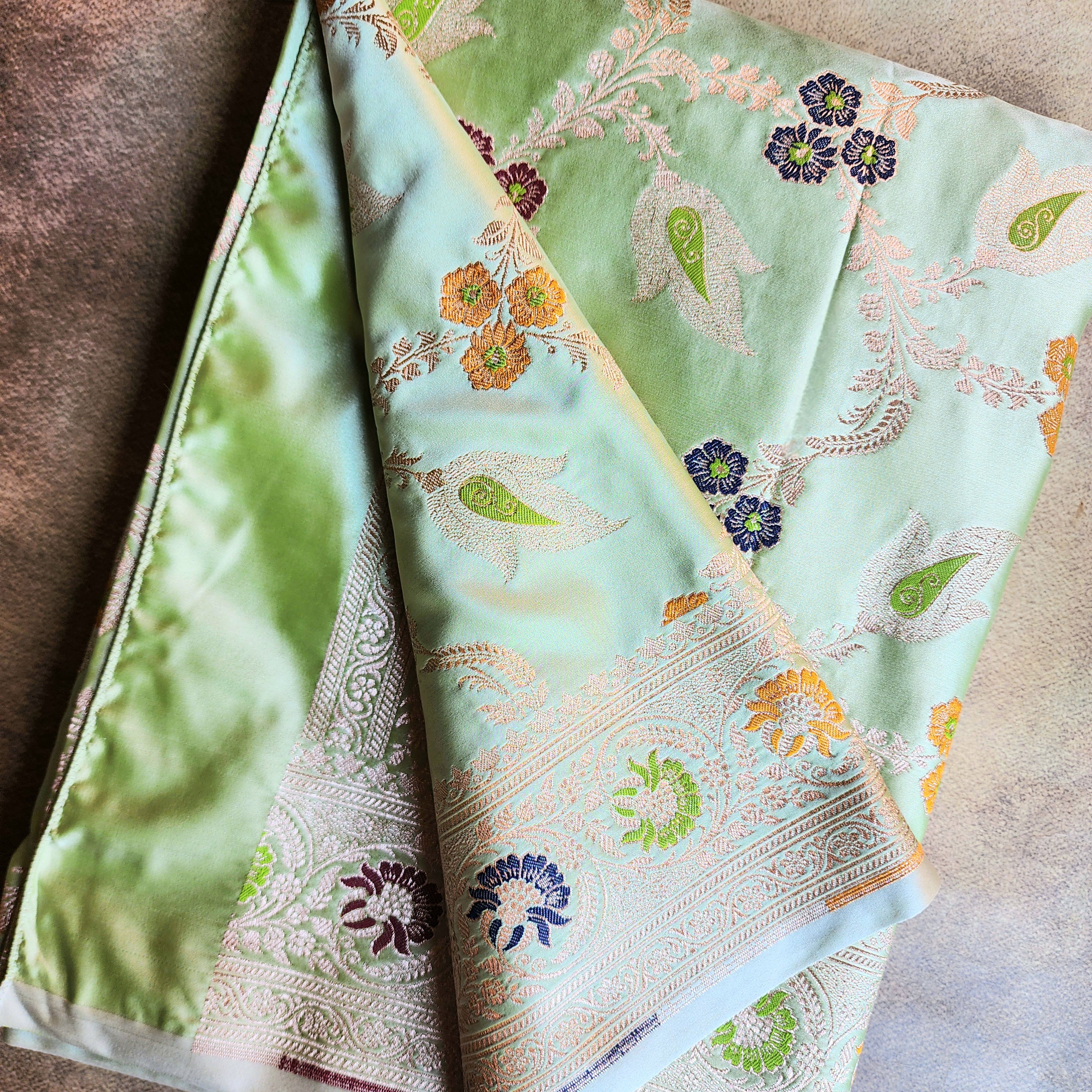 Enriched Green Banarasi Katan Silk Saree with Multicolor Meenakari Floral Jaal