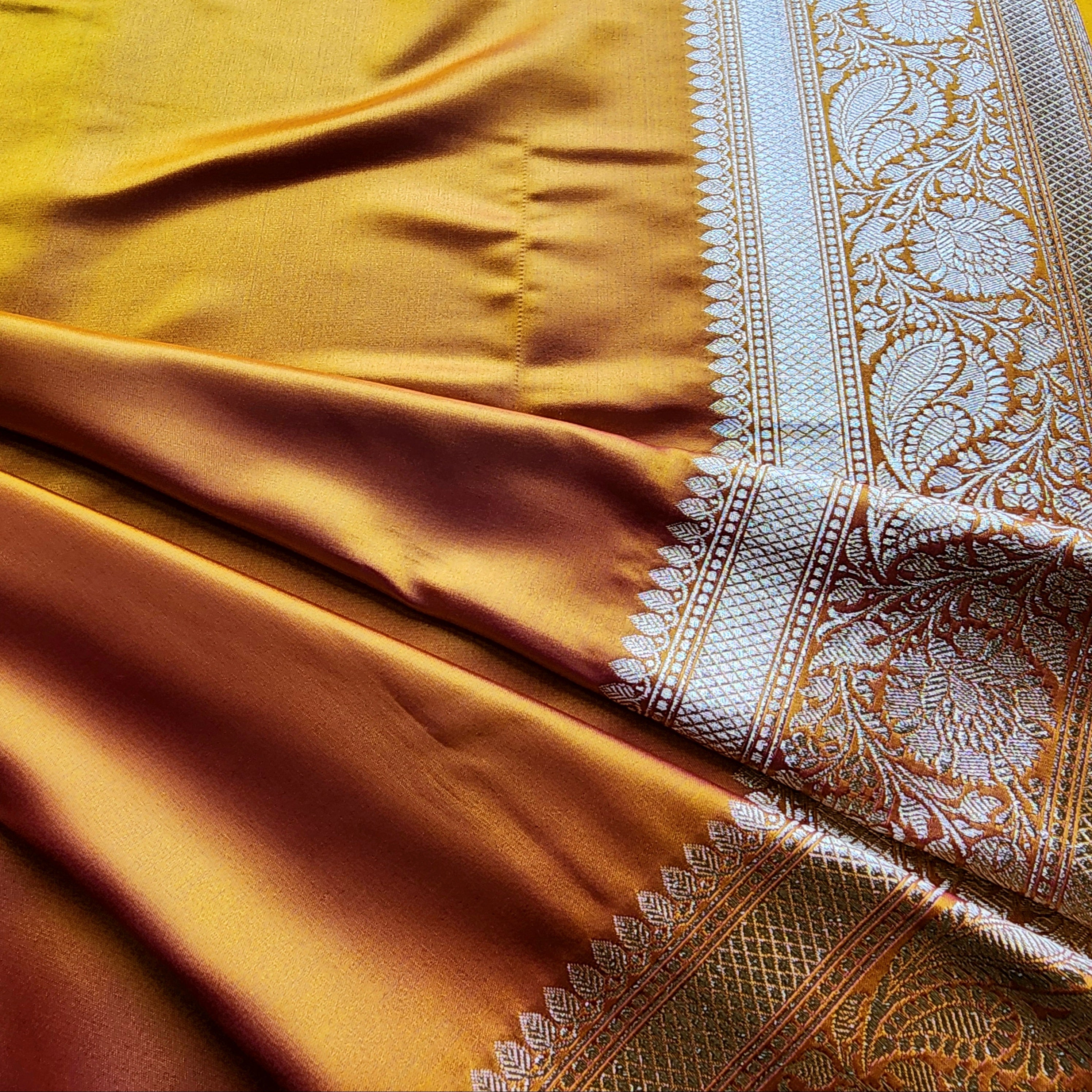 Rich Marigold Yellow Pure Banarasi Katan Silk Saree with light Gold Zari Weaving