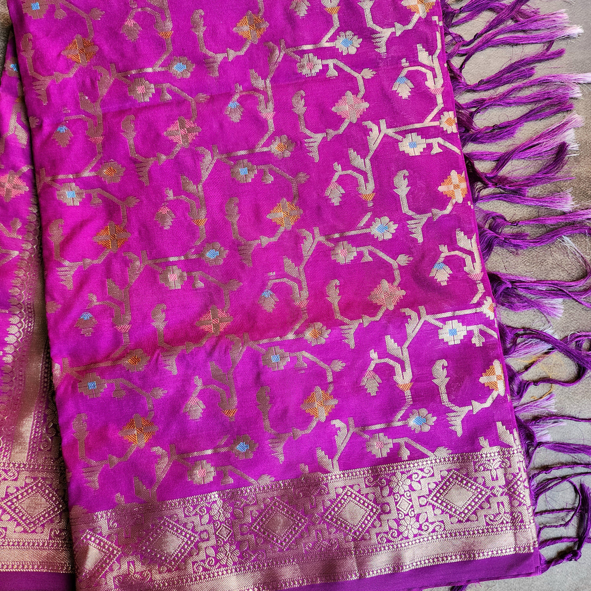 Golden Grid Banarasi Silk Dupatta with Meenakari Work in Wine