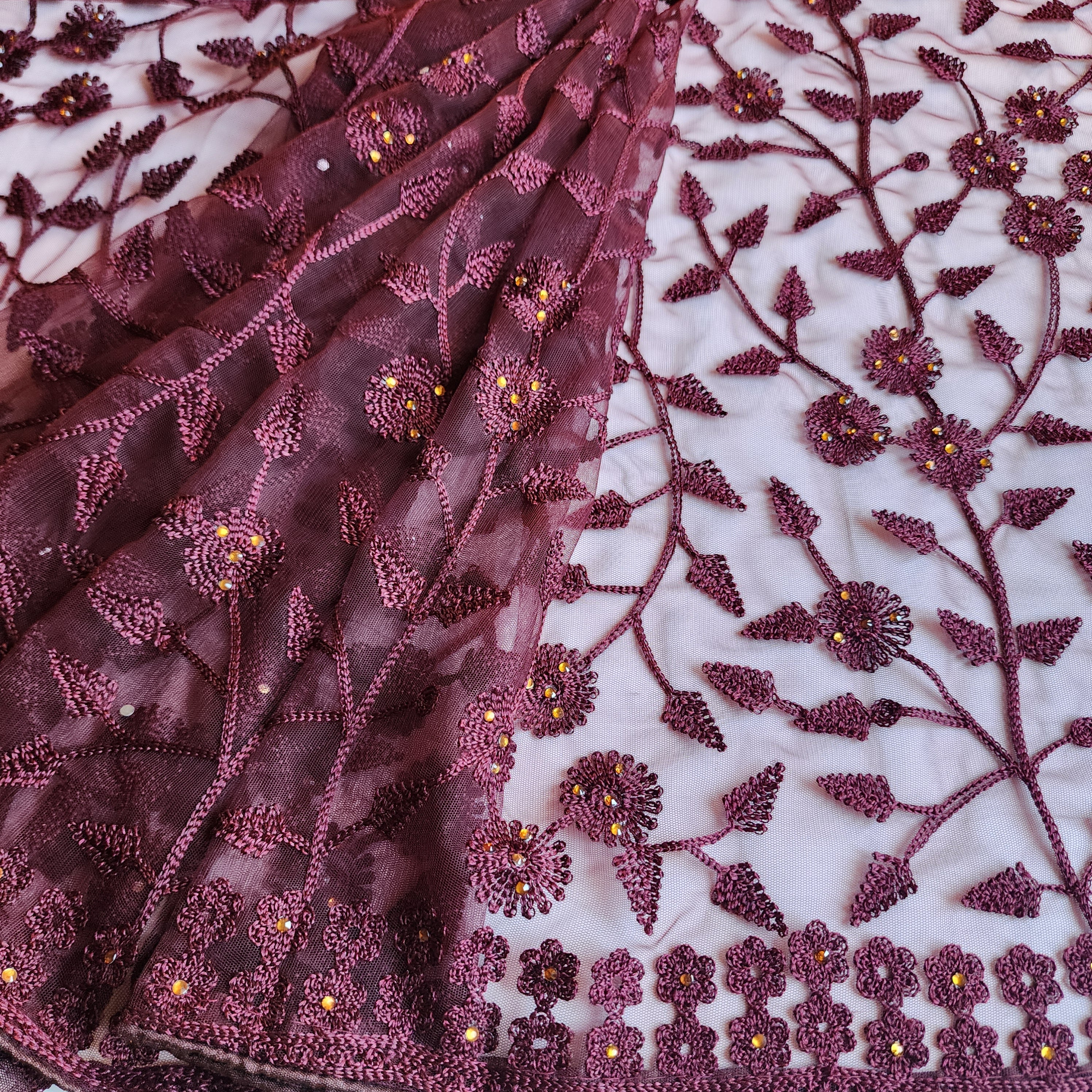 Embroidered Net Designer Saree in Wine
