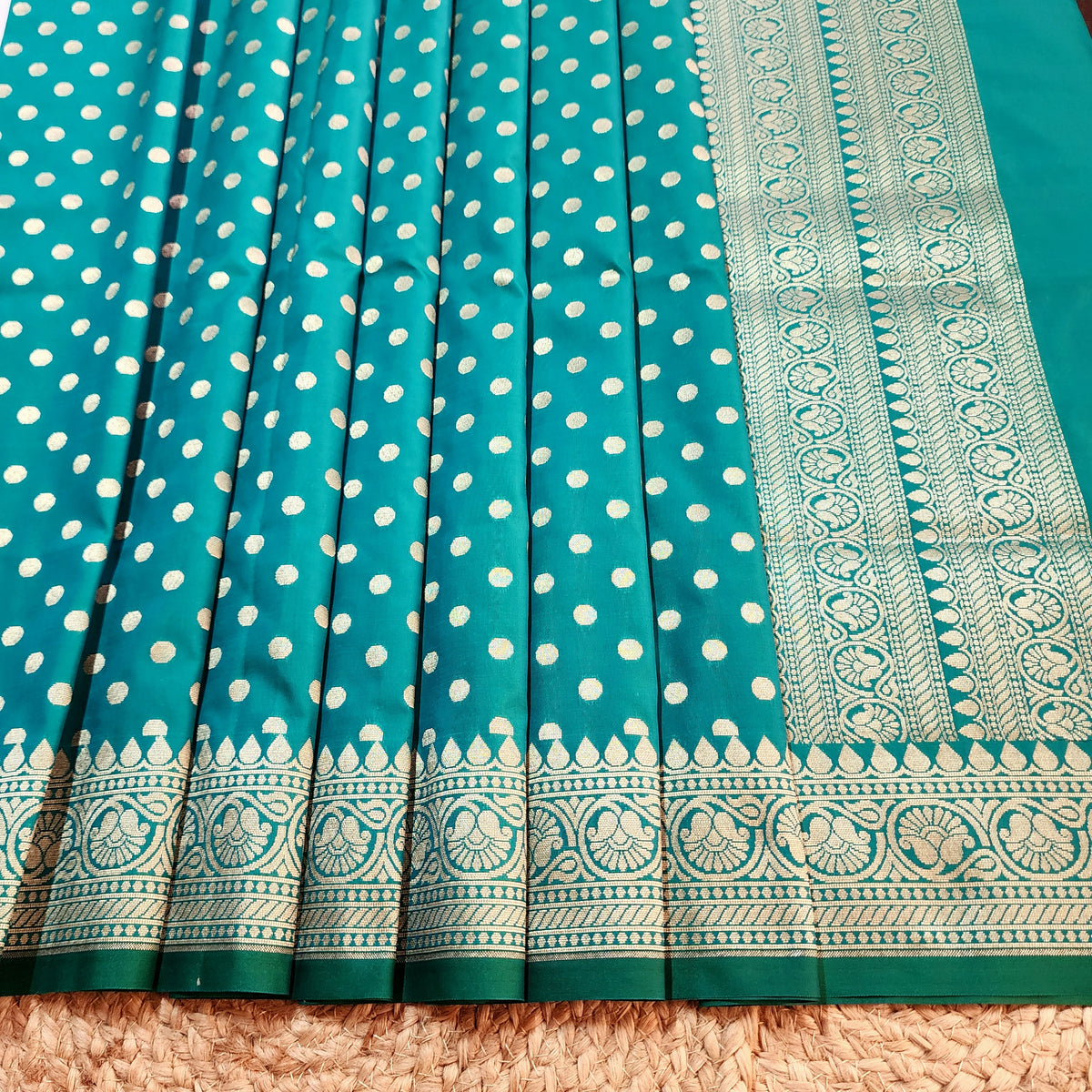 Teal Green Banarasi Silk Dupatta with Gold Polka Dot