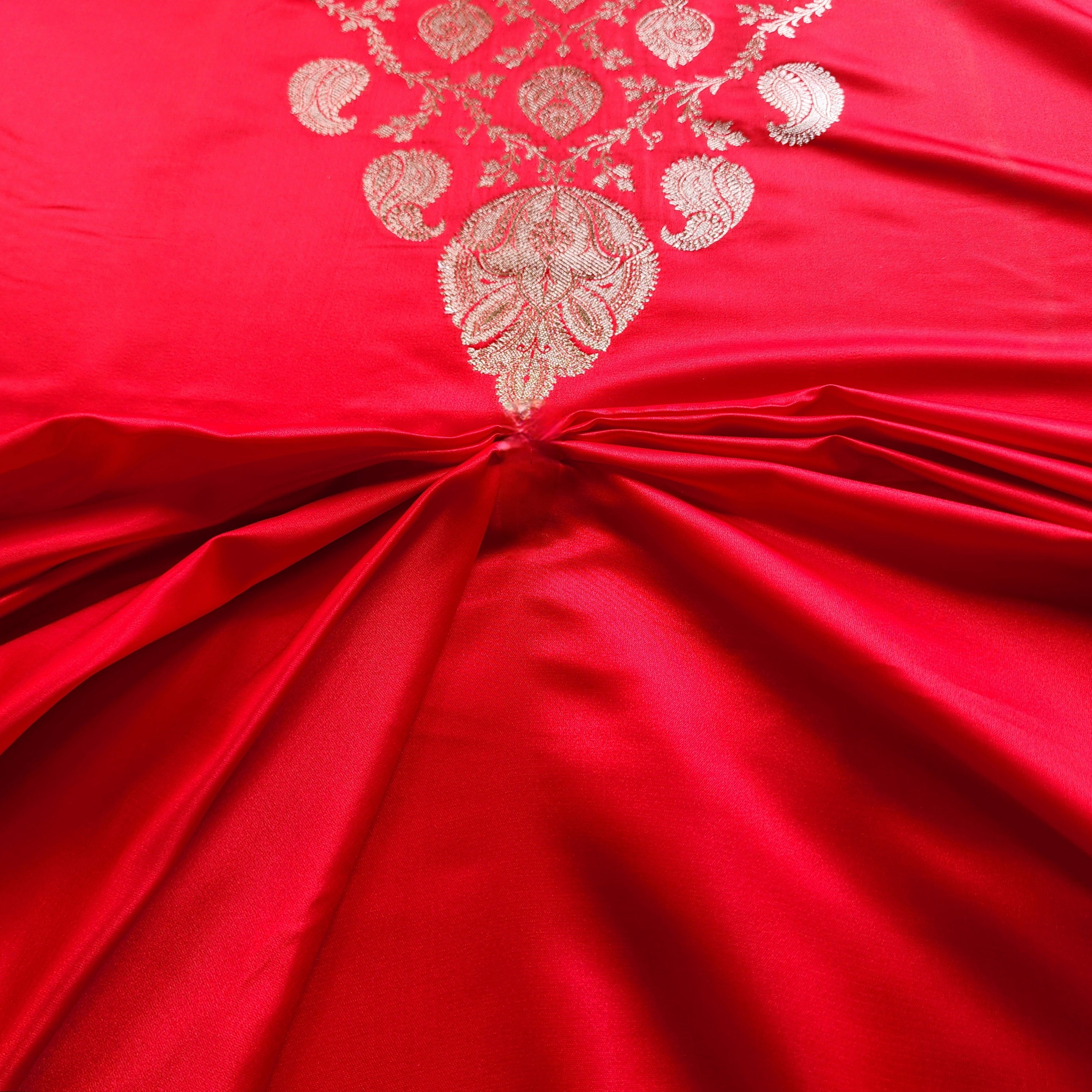 Rich Vermilion Red Pure Banarasi Katan Silk Saree with light Gold Zari Weaving
