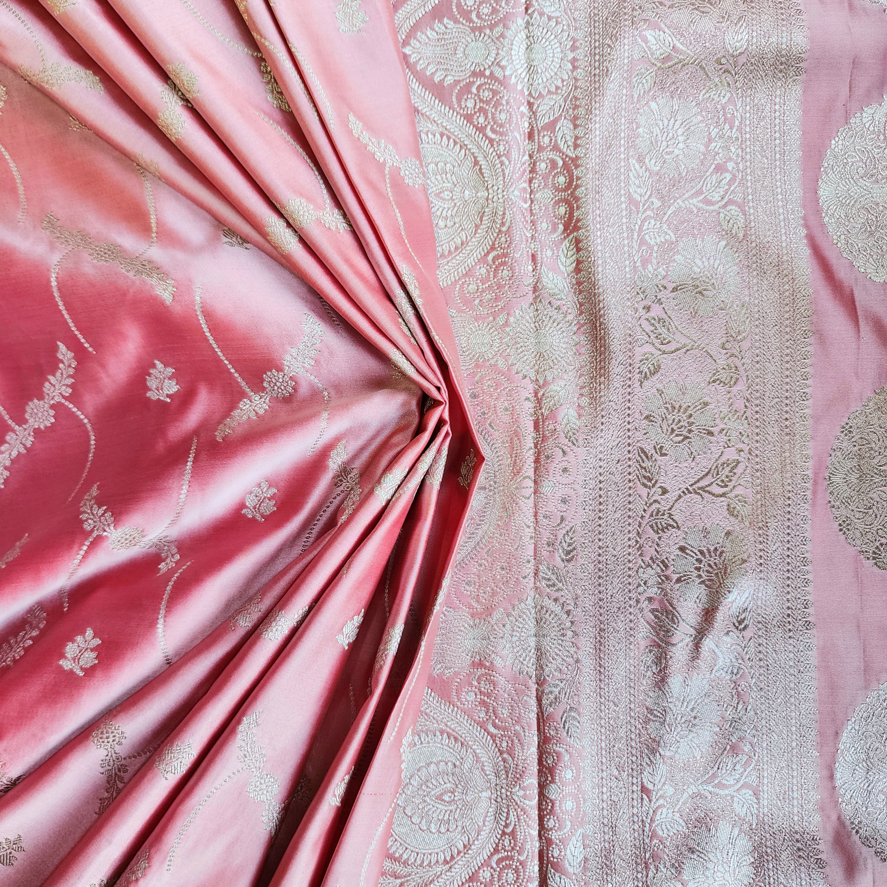 Pastel Baby Pink Banarasi Katan Silk Saree with Light Gold Zari weaving