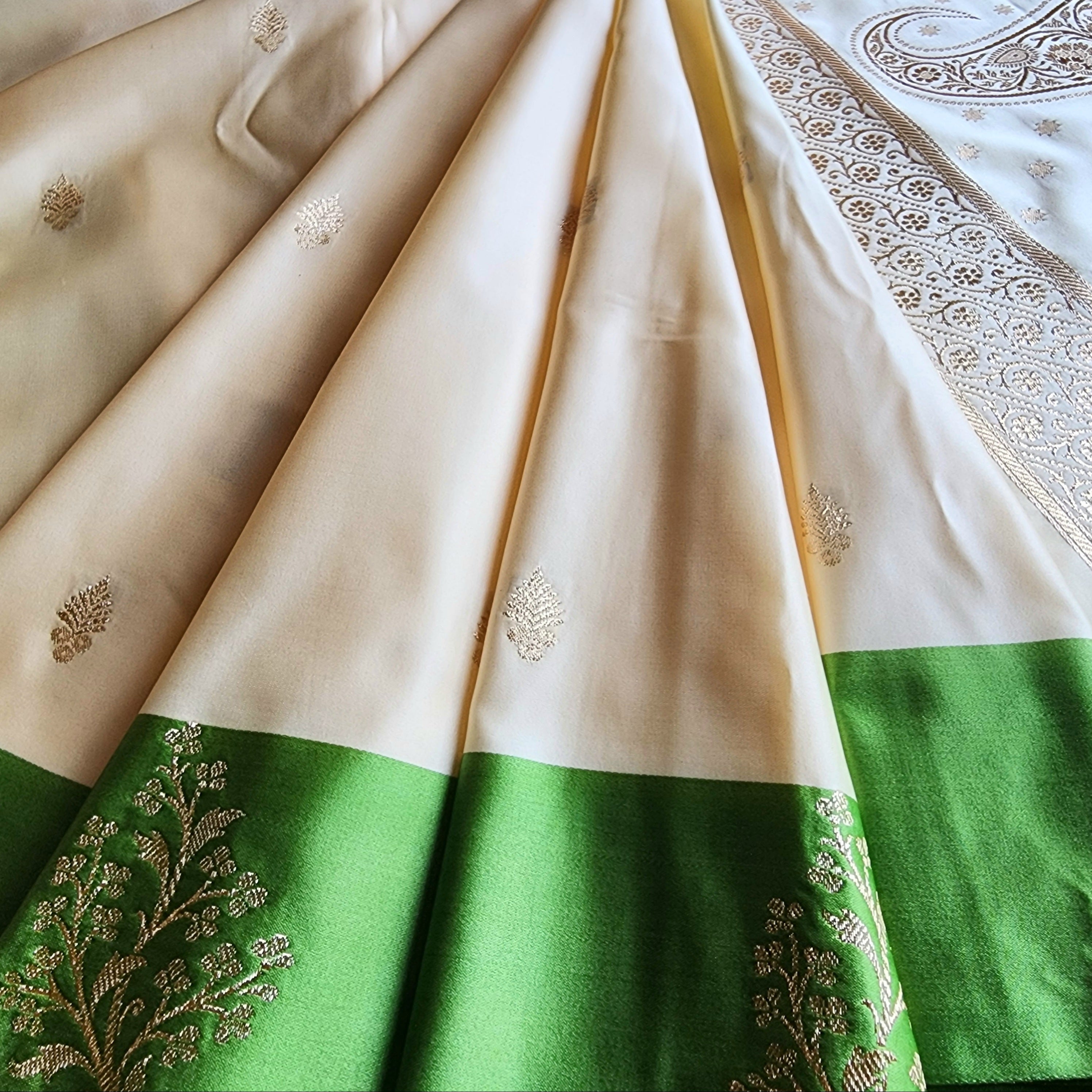 White Katan Silk Saree with Green and Gold Zari Border