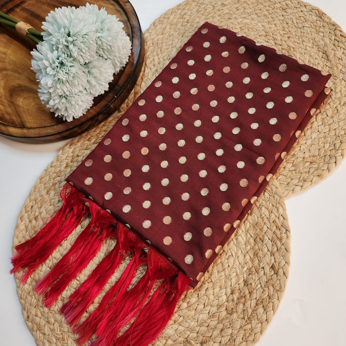 Burgundy Banarasi Silk Dupatta with Gold Polka Dot