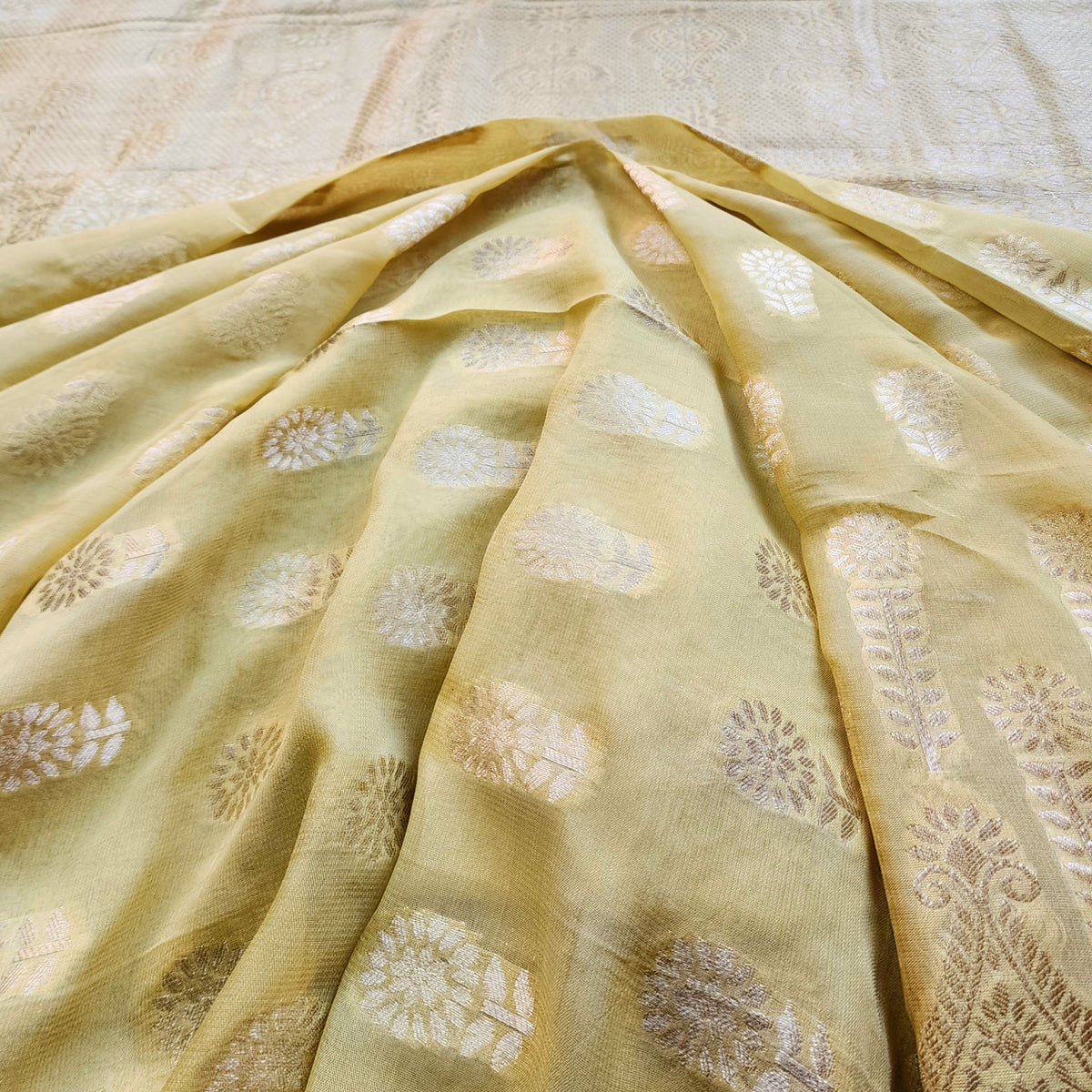 Yellow Khaddi Georgette Pure Banarasi Saree with Gold Zari