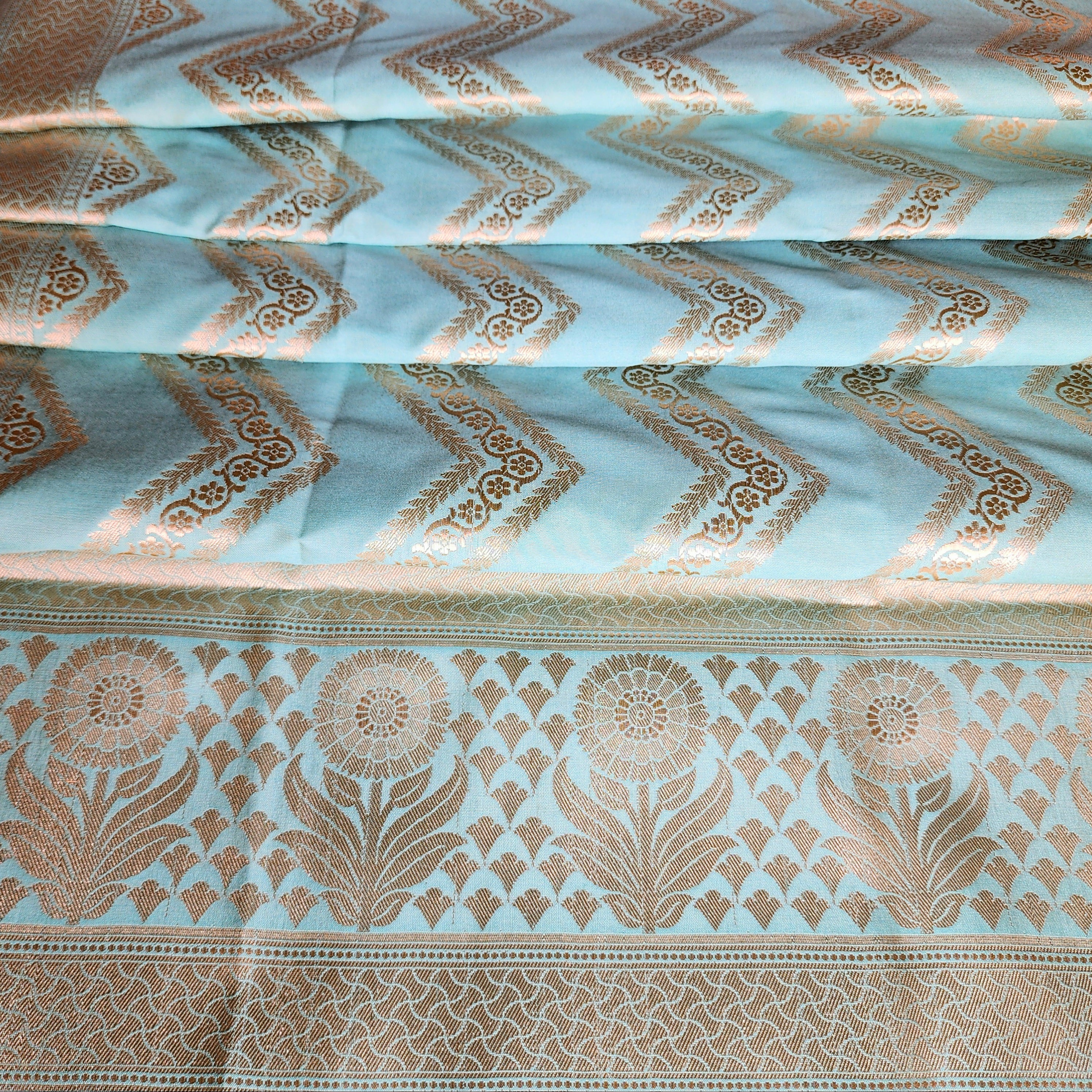 Robin Egg Blue Banarasi Dupatta with Golden Zigzag Pattern