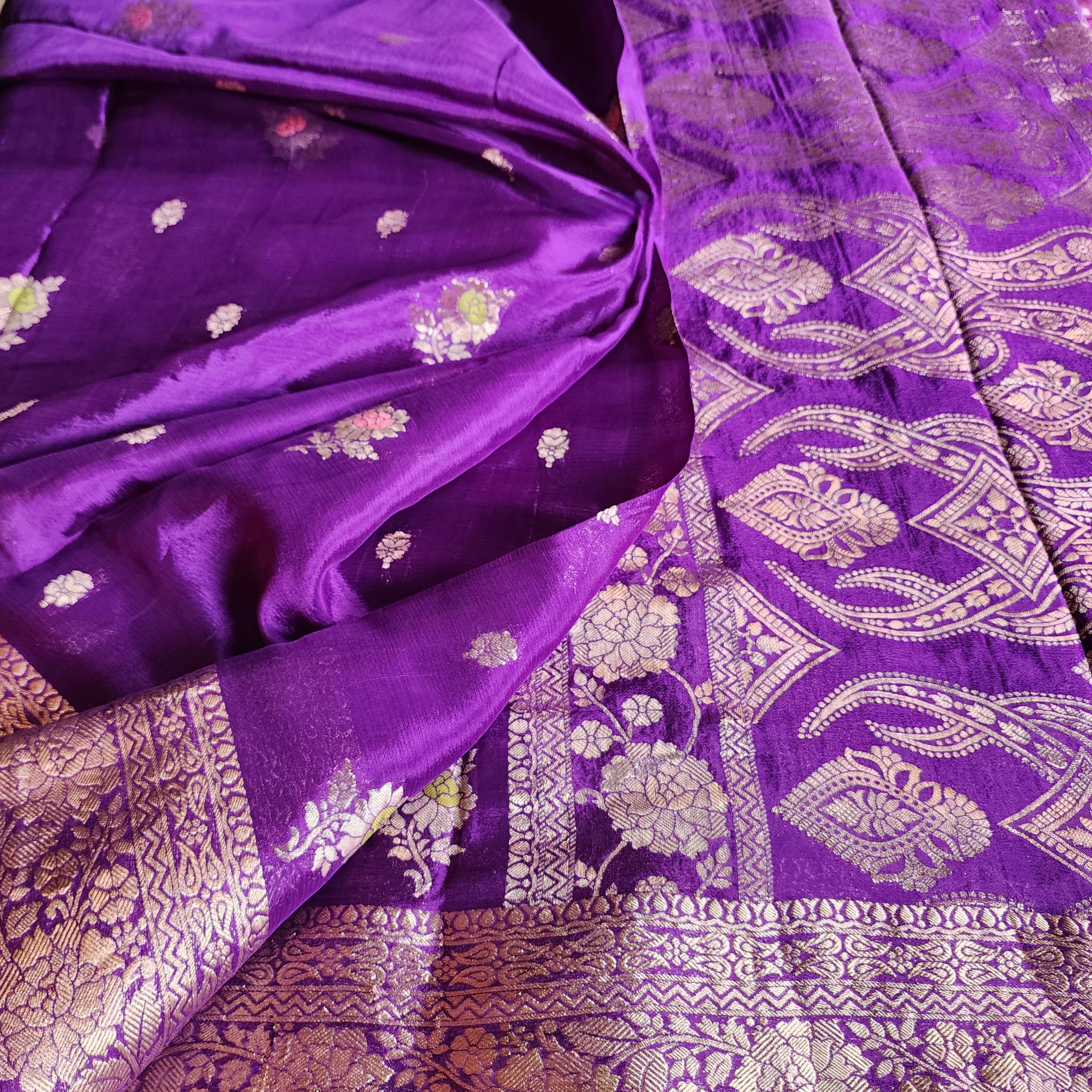 Royal Violet Pure Crepe Silk Saree with Gold Zari Border