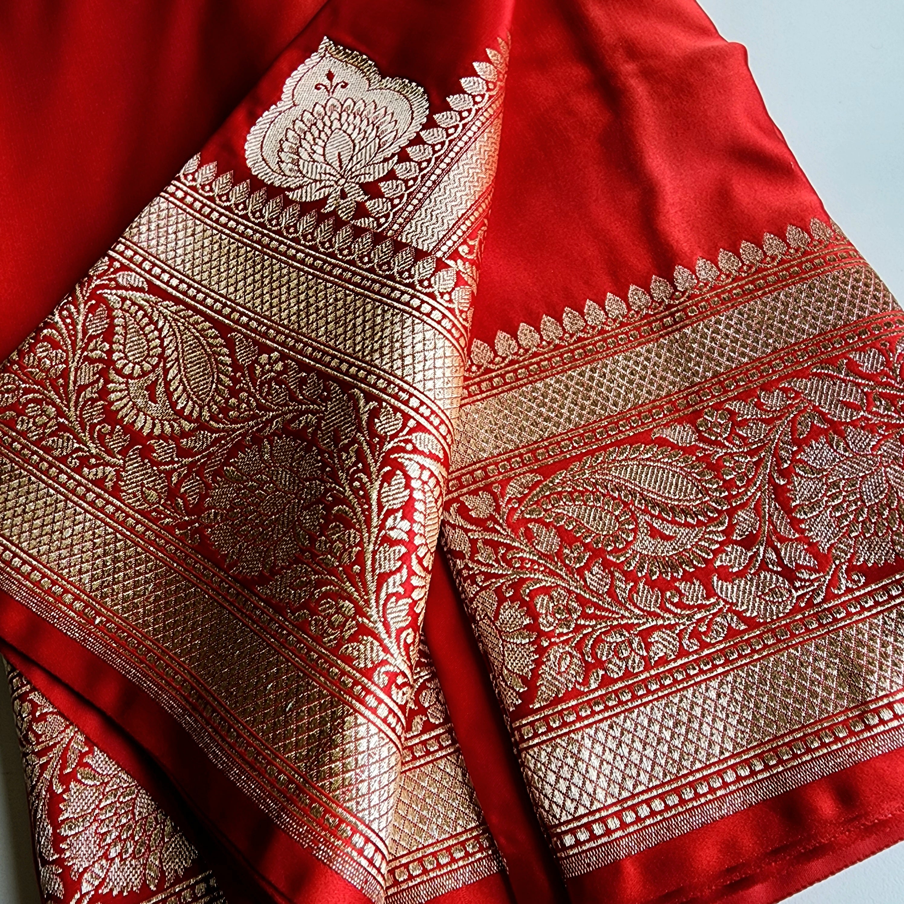 Rich Vermilion Red Pure Banarasi Katan Silk Saree with light Gold Zari Weaving