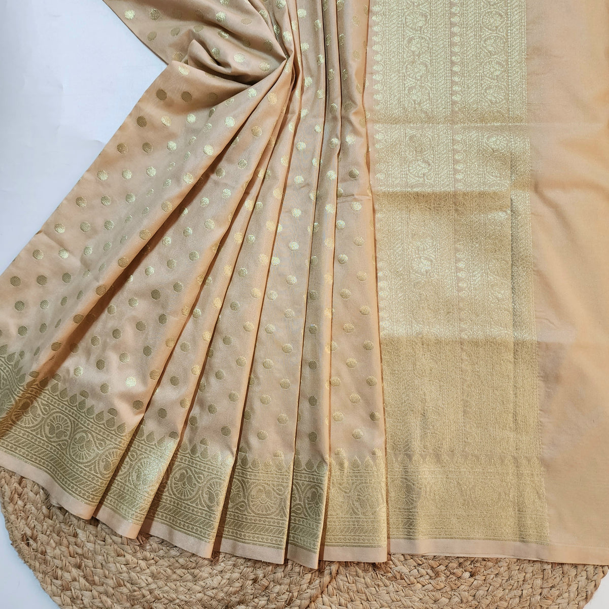 Champagne Beige Banarasi Silk Dupatta with Gold Polka Dot