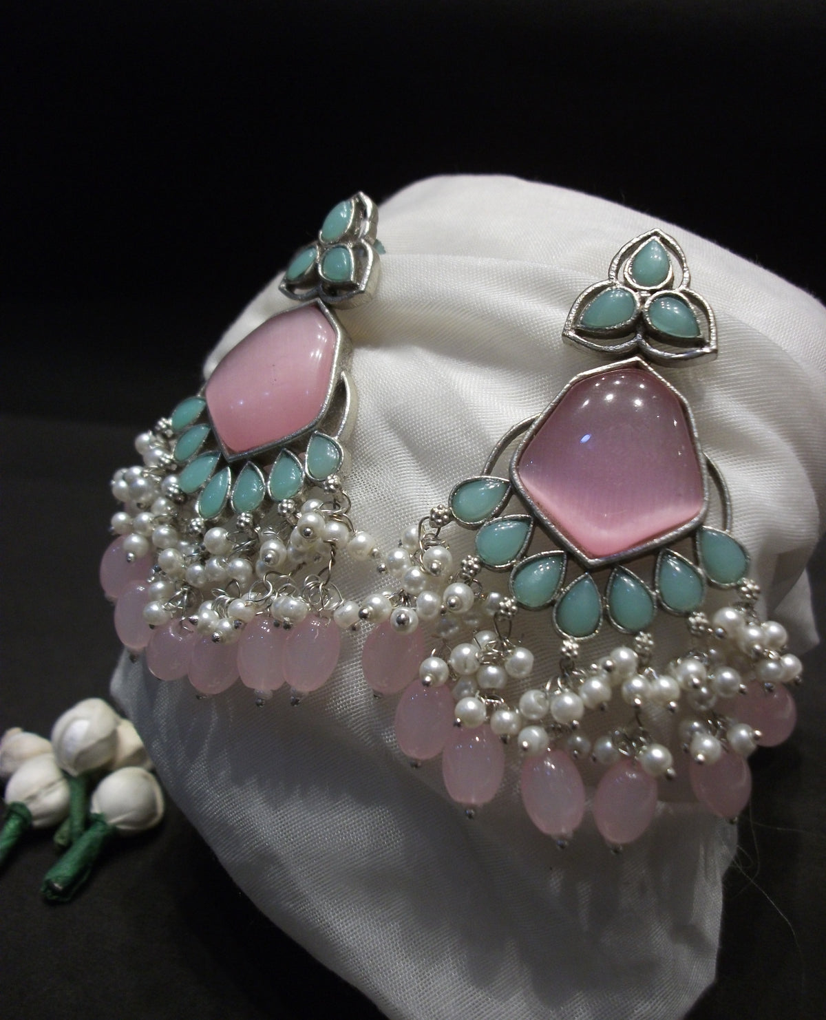 Pastel Pink & Mint Green Stone Cluster Statement Earrings with Pearl Beads