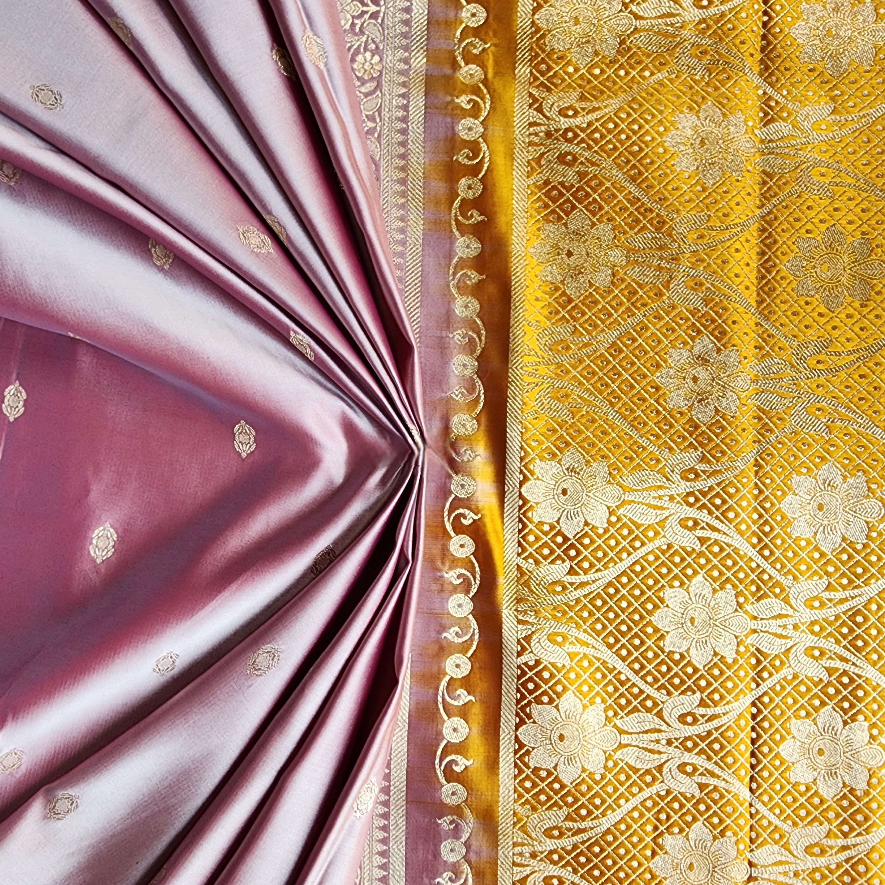 Dusty Rose Pink Katan Silk Saree with Mustard and Gold Zari Border