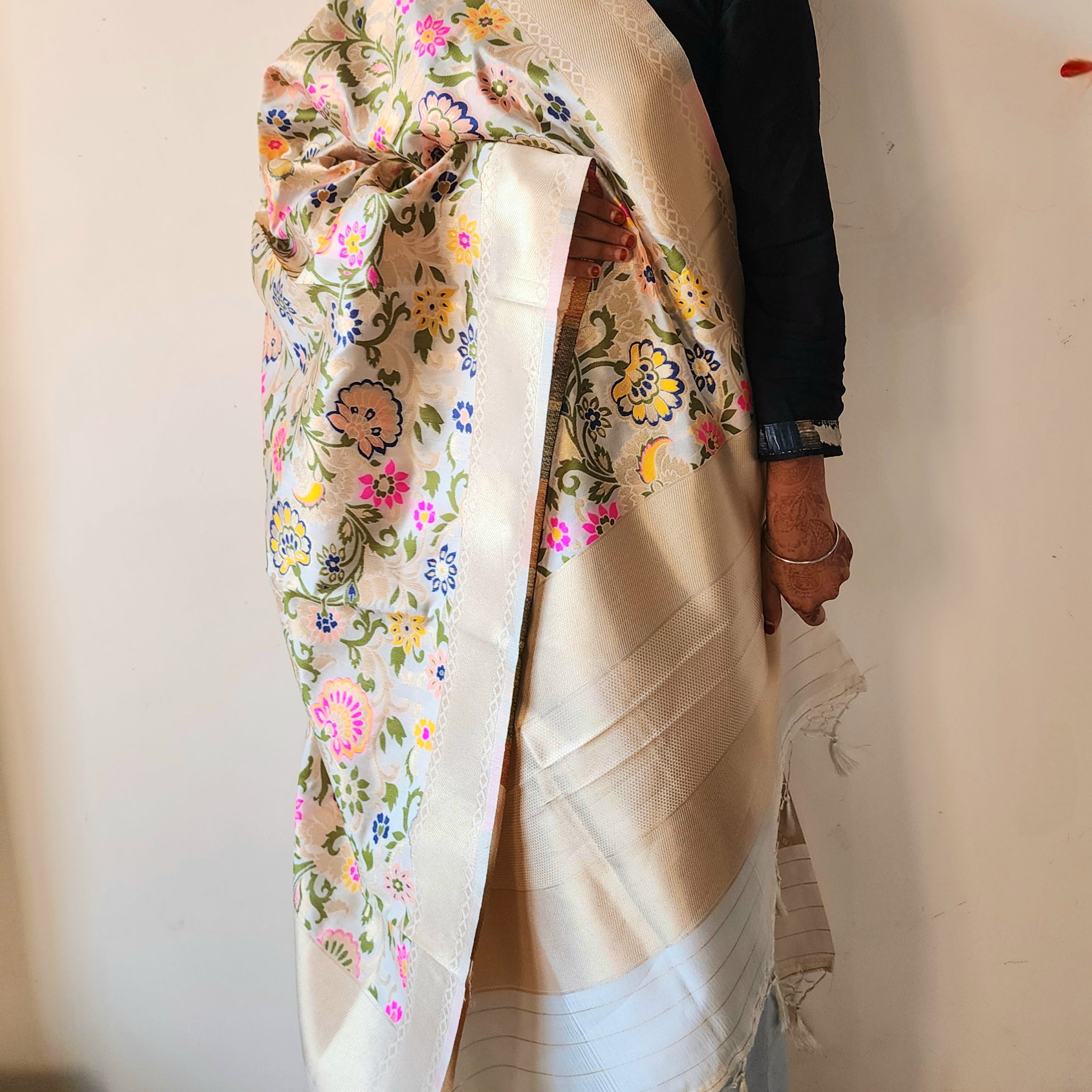 Banarasi Silk Off-White Dupatta with Multicolor & Gold Floral Handweaving