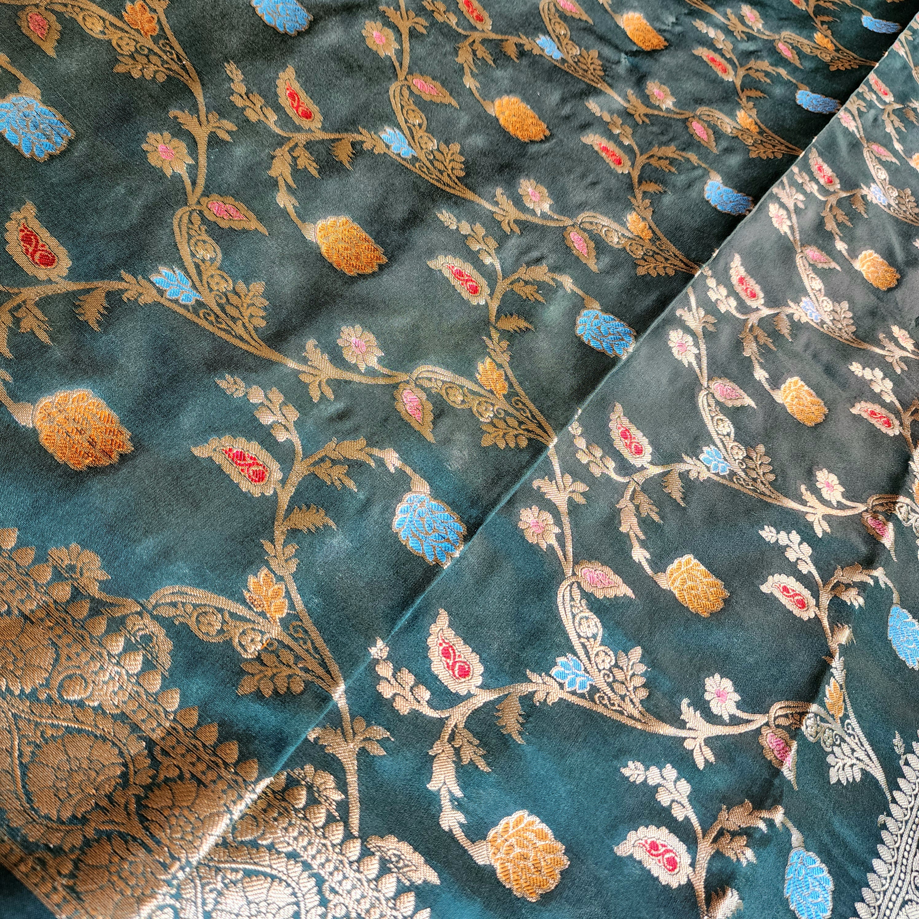 Bottle Green Banarasi Silk Dupatta with Gold Zari Border & Multicolor Meenakari Work