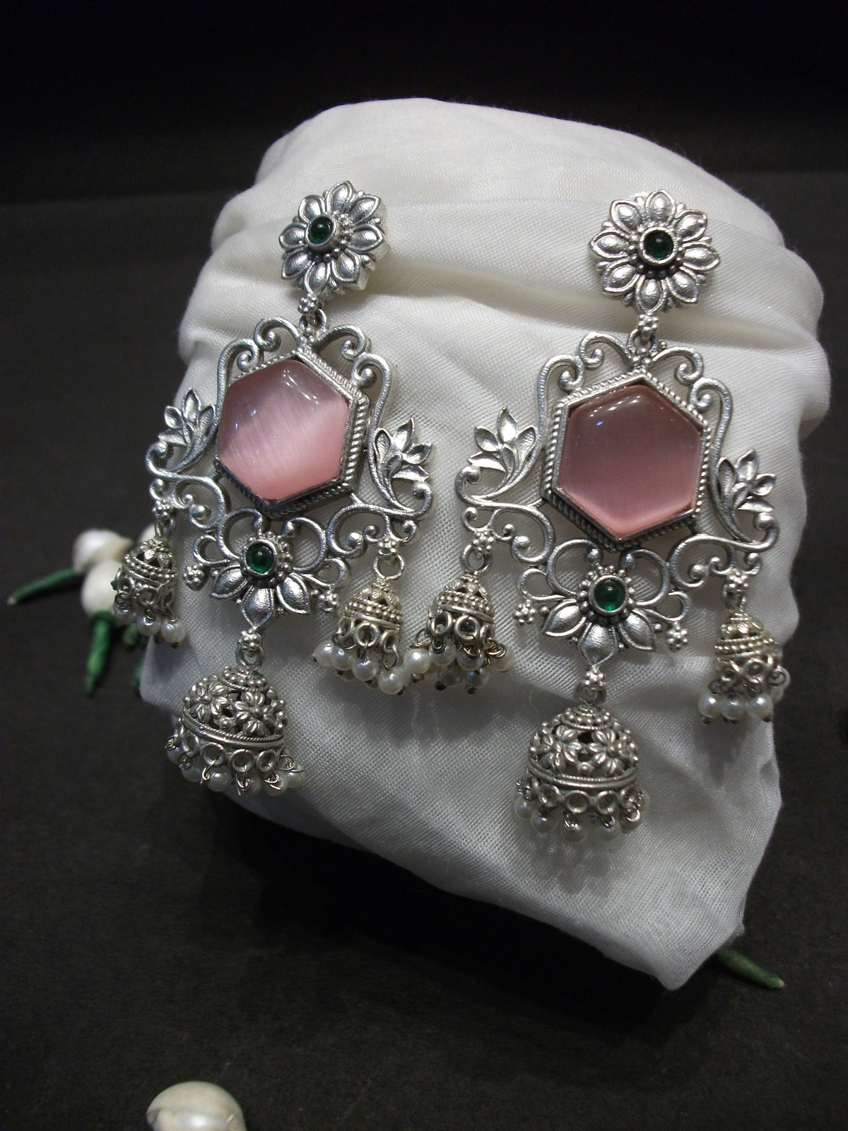 Antique Silver Pink Floral Filigree Jhumki Earrings