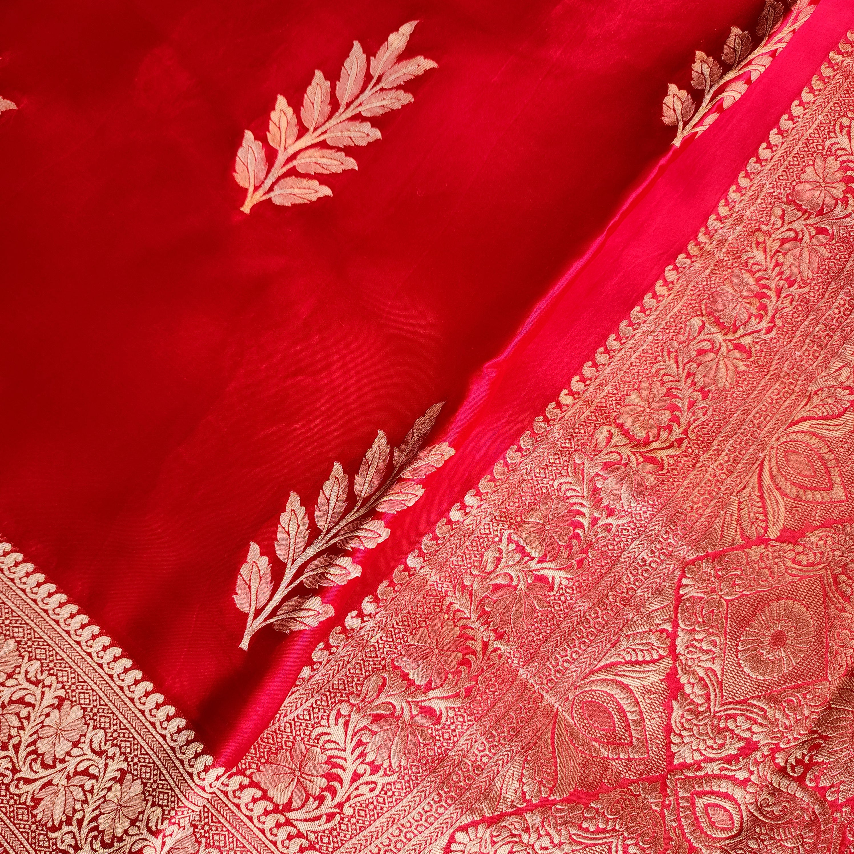 Bright Red Mashru Katan Silk Saree with Gold Weave