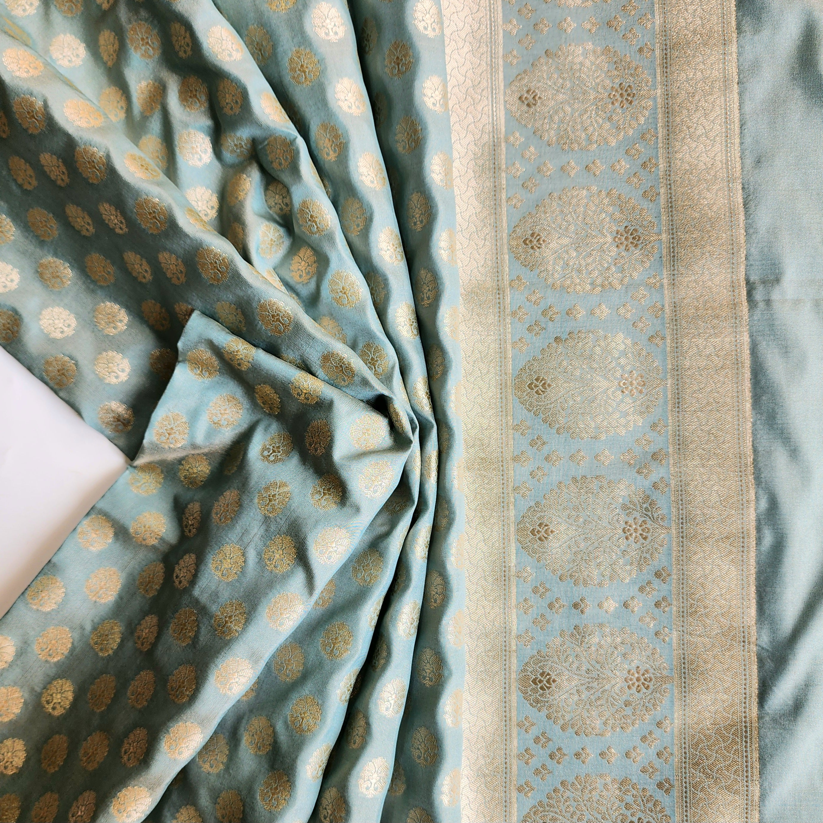 Dusty Mint Banarasi Dupatta with Soft Polka Dots